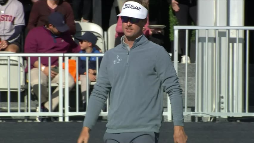 Tyson Alexander sinks a 32-foot birdie putt on No. 18 at Cadence Bank