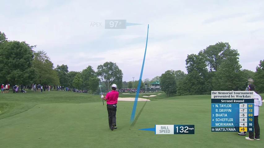 Hideki Matsuyama makes birdie on No. 17 to help him play the weekend at the Memorial