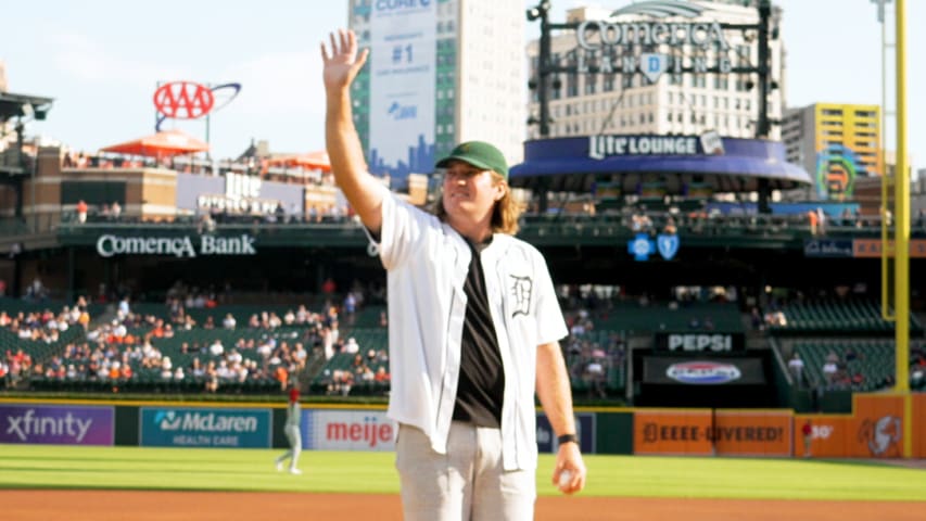 Neal Shipley throws first pitch at Comerica Park before Detroit Tigers game