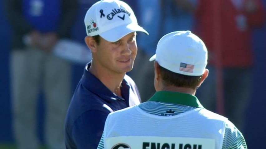 Harris English holes a clutch putt for birdie on No. 18 at Farmers