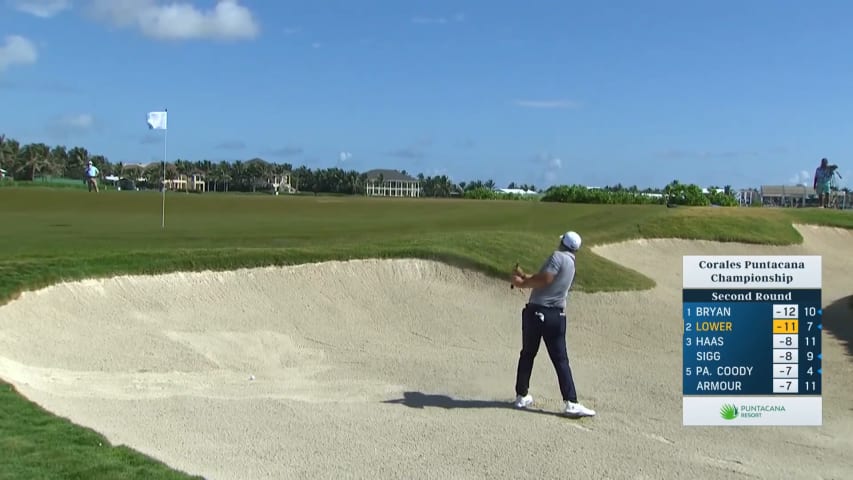 Justin Lower holes bunker shot for birdie at Corales Puntacana