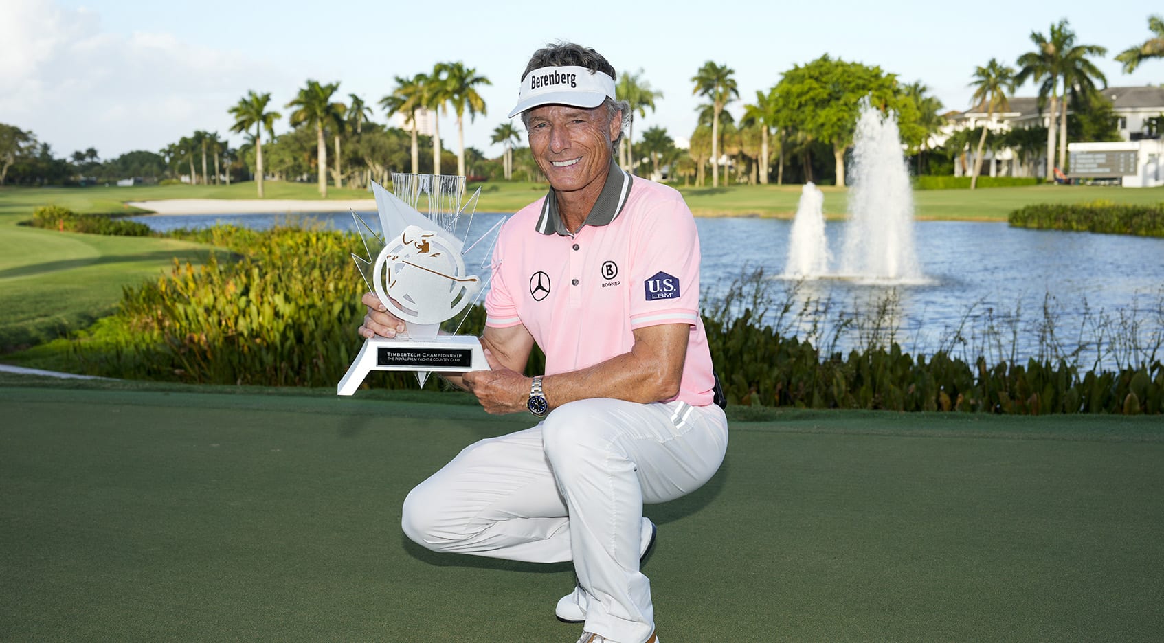 BOCA RATON, FLORIDA - NOVEMBER 06: Bernhard Langer of Germany celebrates with the trophy on the 18th green during the final round of the TimberTech Championship at Royal Palm Yacht & Country Club on November 06, 2022 in Boca Raton, Florida. (Photo by Raj Mehta/Getty Images)