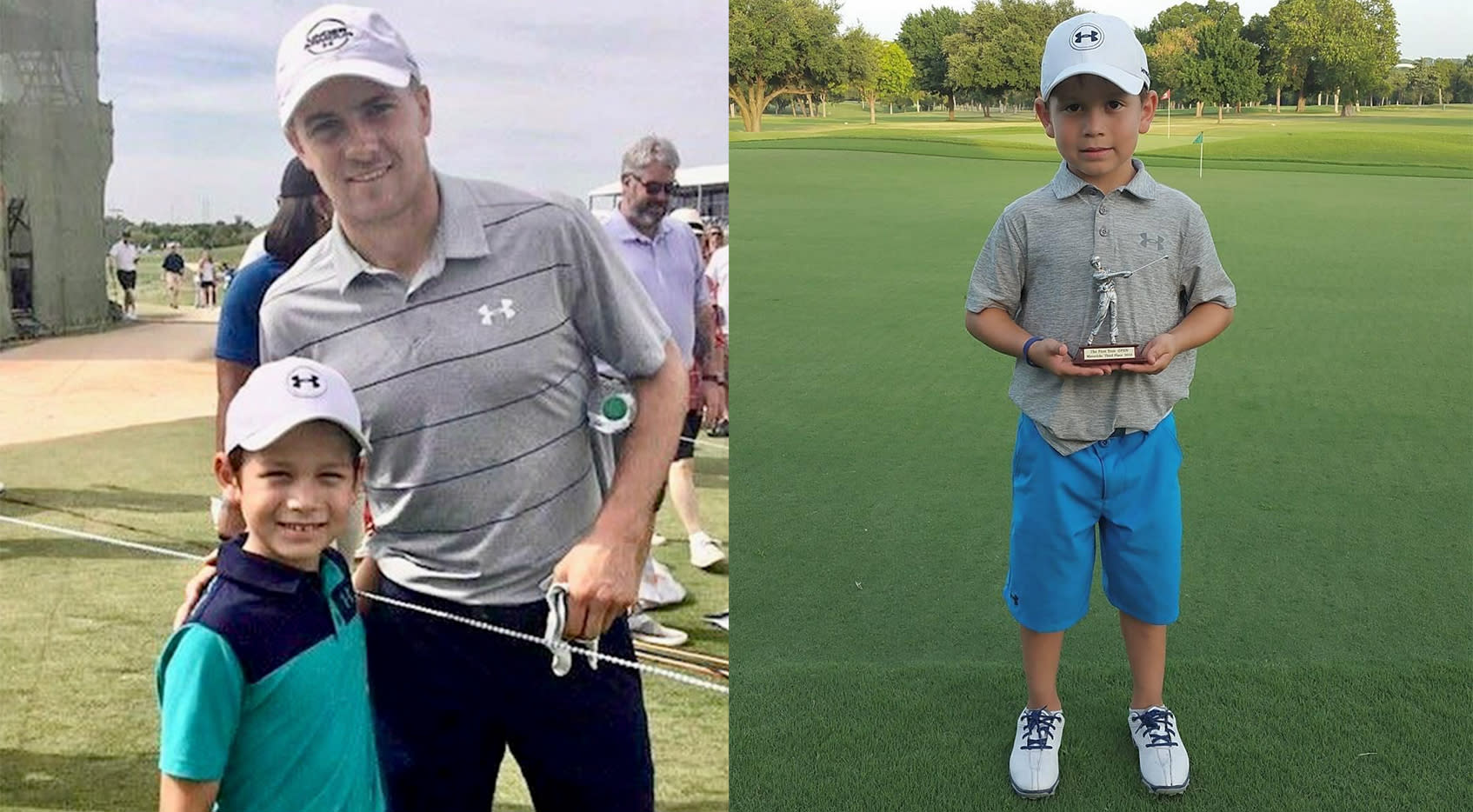 John Tijerina as a child with Jordan Spieth (left) and winning a golf trophy (right).