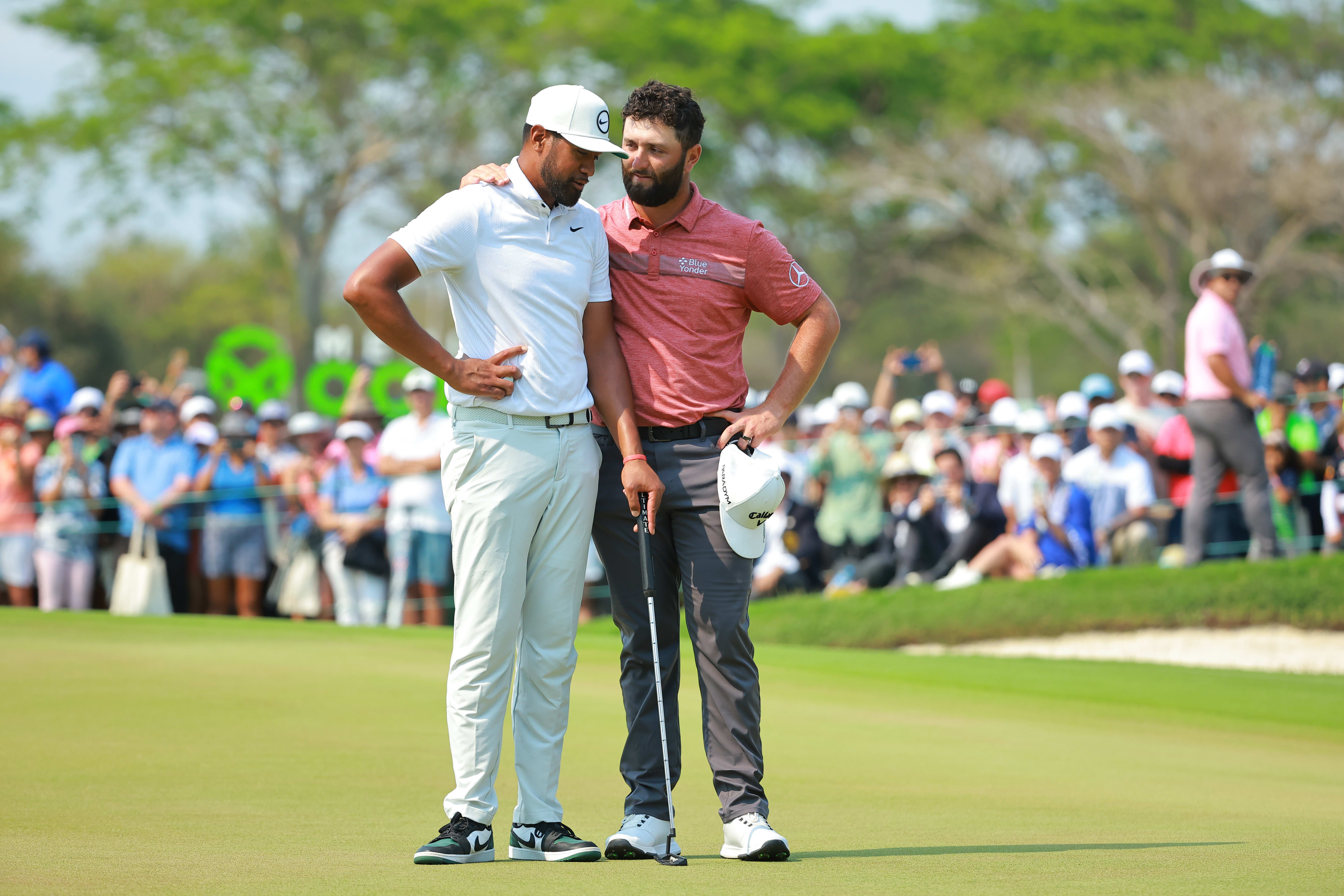 Jon Rahm congratulates Tony Finau after winning the Mexico Open at Vidanta. (Hector Vivas/Getty Images)