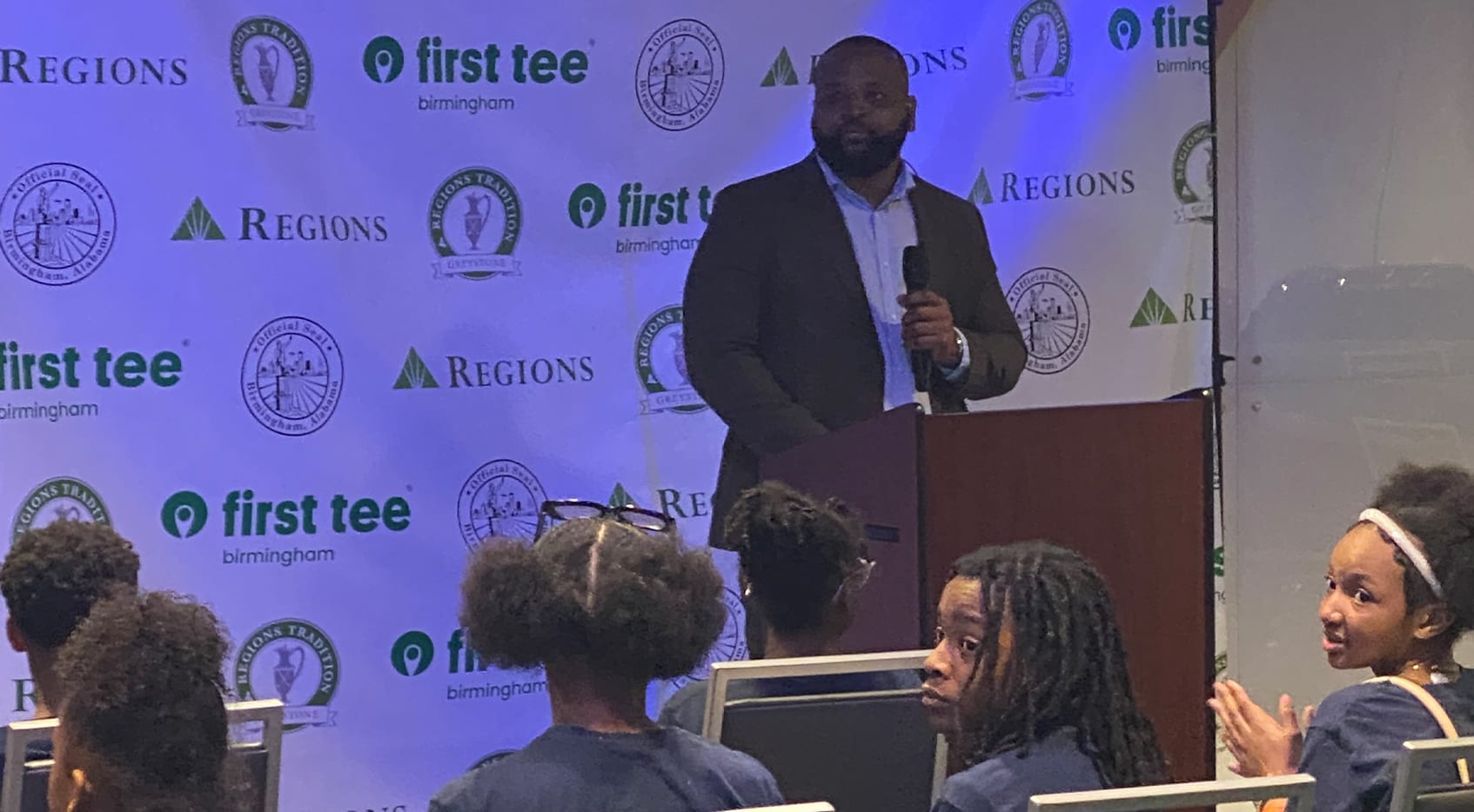 Carlos Carter, Executive Director, First Tee - Greater Birmingham speaks at an event announcing the relaunch of the First Tee Birmingham chapter. (First Tee- Birmingham)