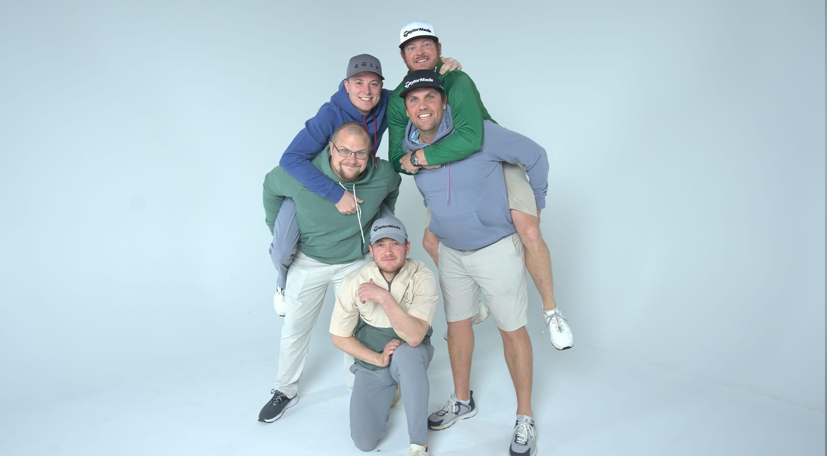 From front to back, the Fore Play podcast team: Dan Rapaport, Trent (left), Lurch (right), Frankie Borrelli and Riggs. (PGATOUR)