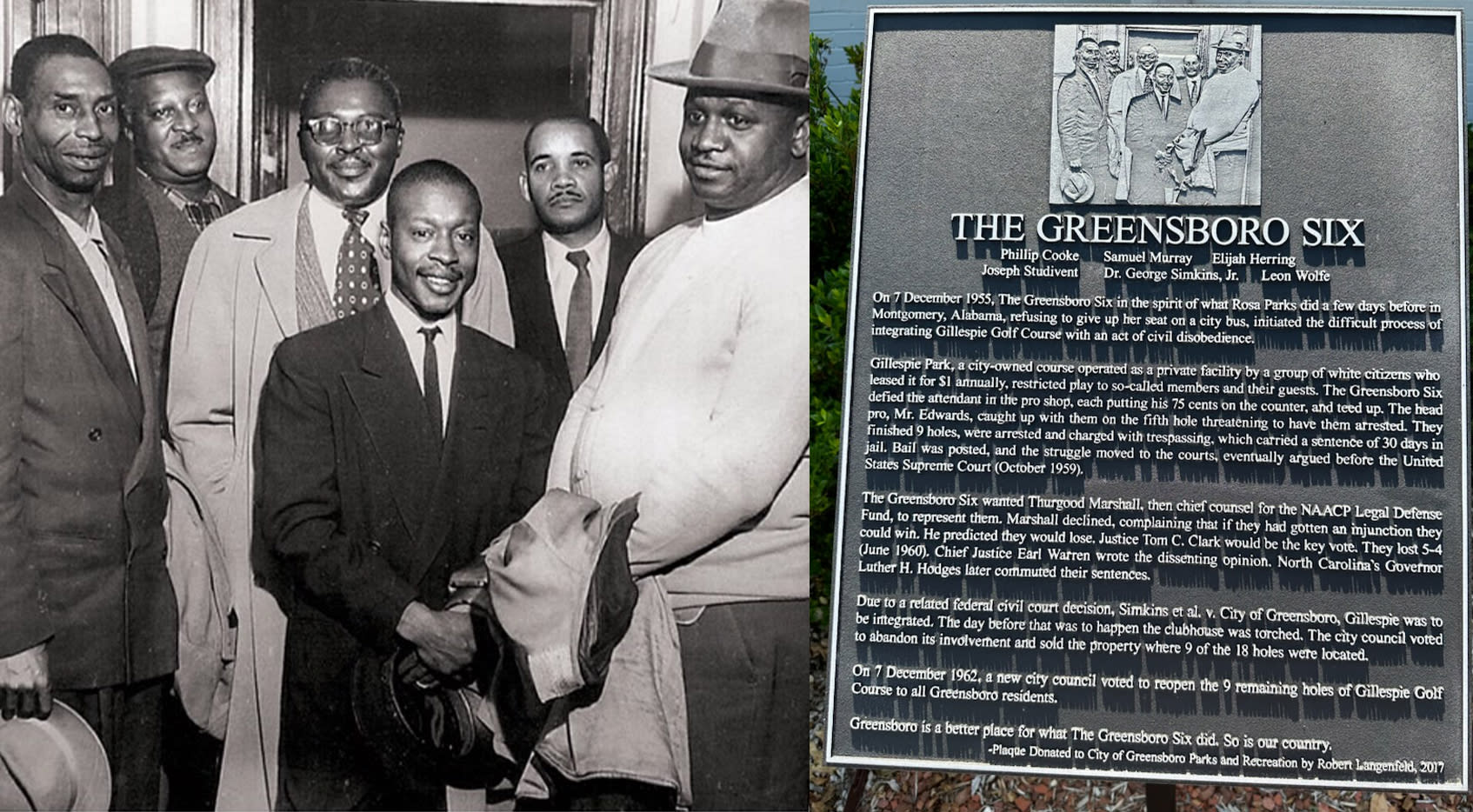 This photo of the Greensboro Six is engraved on a plaque in front of the clubhouse at Gillespie Golf Course. (High Point University Archives)