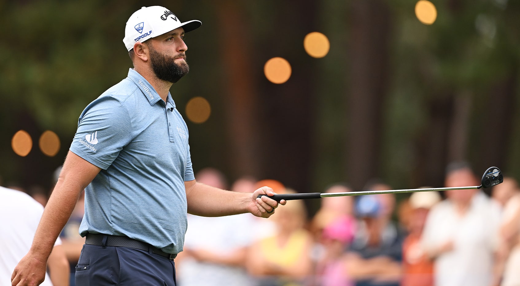 Jon Rahm recently switched from his typical Odyssey White Hot OG Rossie S silver mallet putter to a black Odyssey prototype putter. (Getty Images)