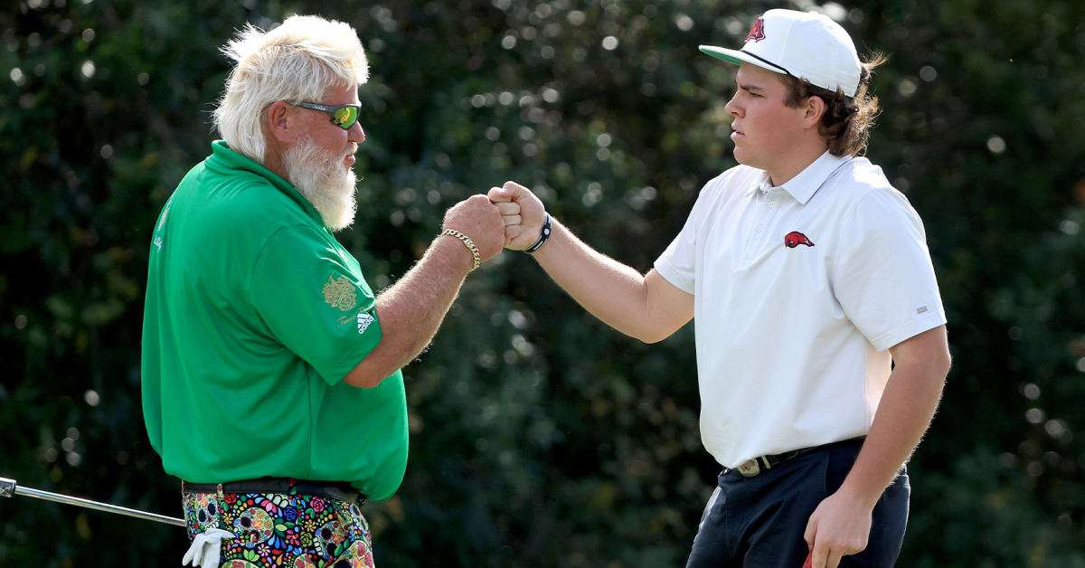 John Daly on the fairway in his blue, yellow, and white argyle