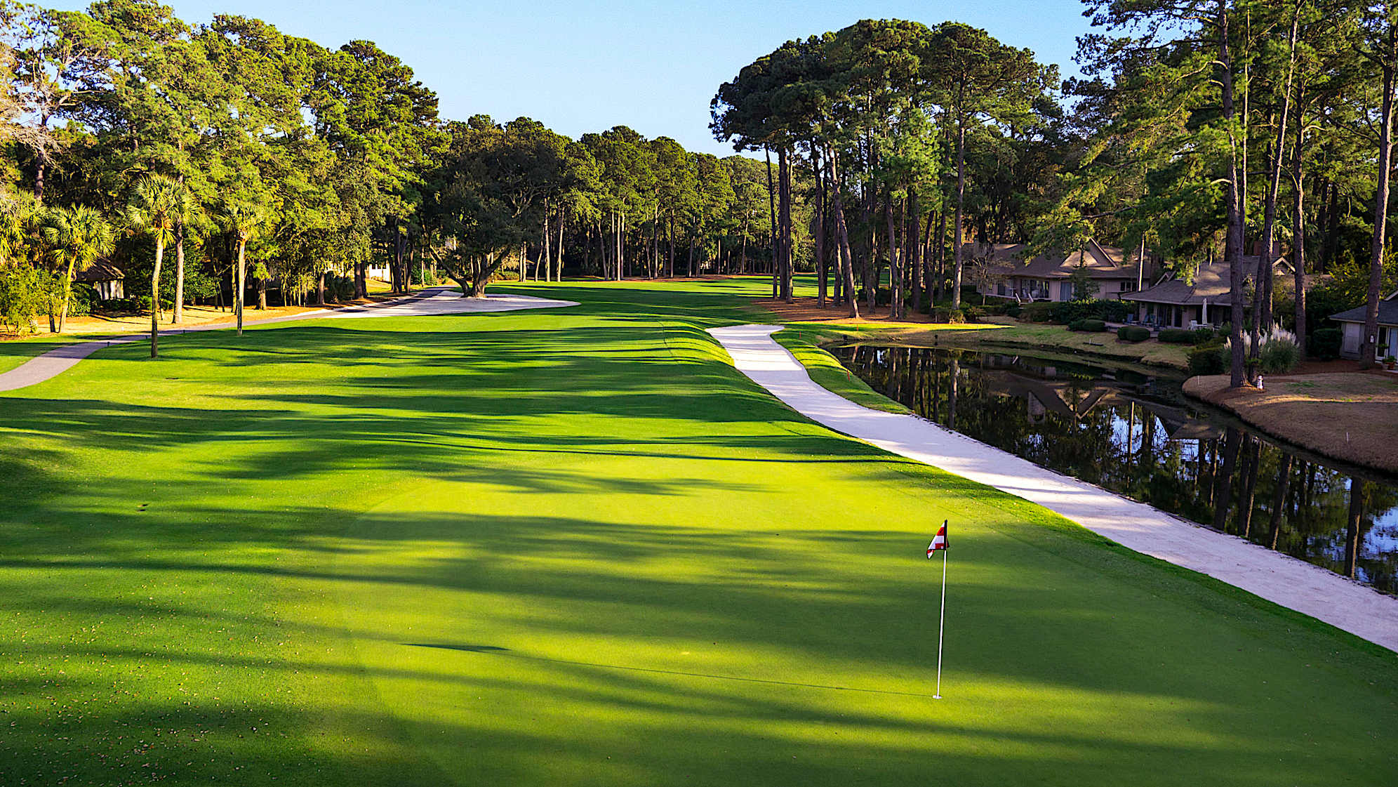 Rated as the toughest hole on the course, No. 8 makes a well-placed drive essential to avoid water and strategically placed trees. Carrying the dogleg past the first two pines gives you a shot at one of the most elusive greens anywhere. Commend yourself for matching par, because you will have triumphed over a stubbornly resistant adversary.