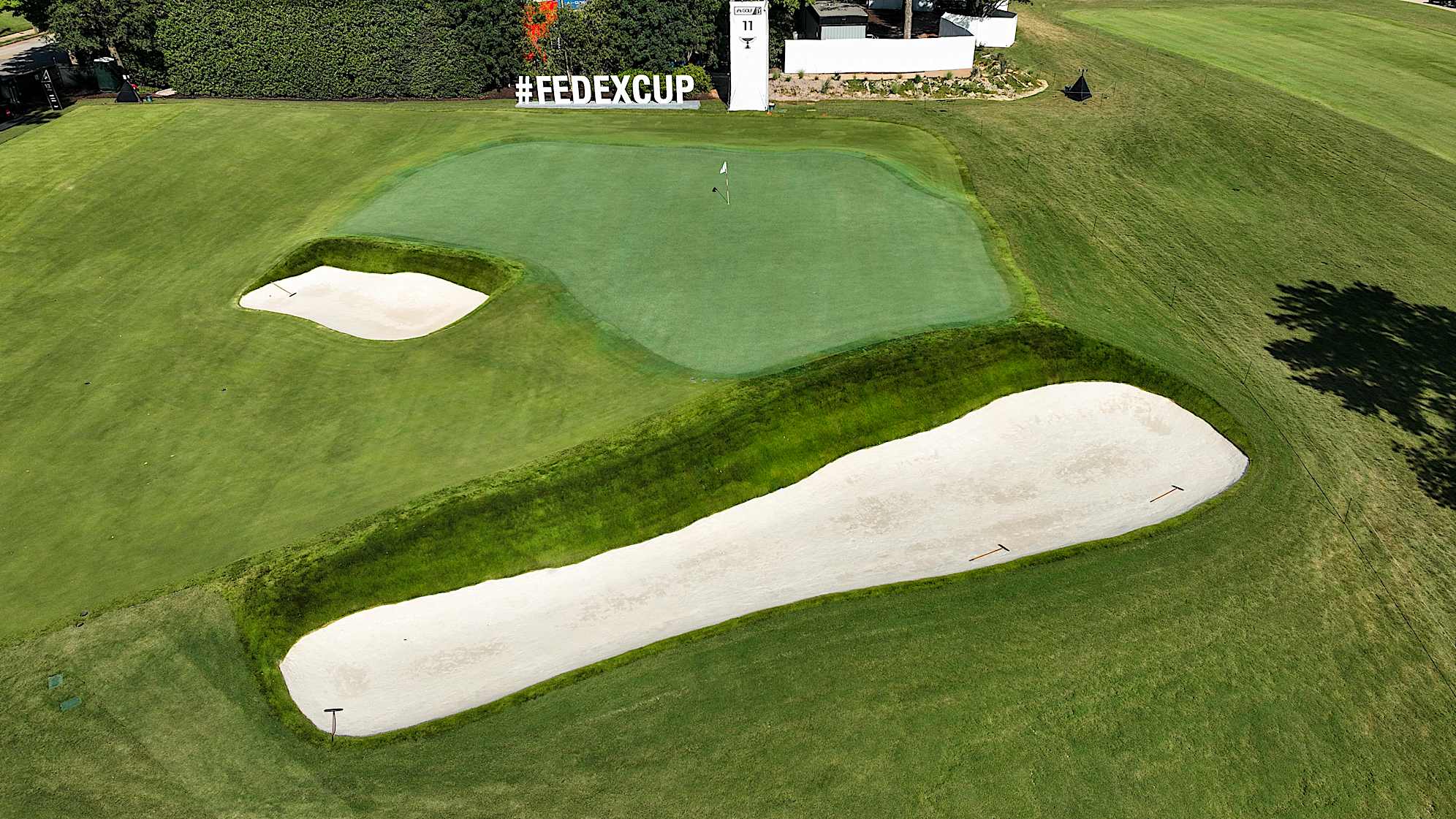 ATLANTA, GEORGIA - AUGUST 25: (EDITOR’S NOTE: Image taken with a drone.) An aerial view of the 11th hole prior to TOUR Championship at East Lake Golf Club on August 25, 2024 in Atlanta, Georgia. (Photo by Chris Condon/PGA TOUR)