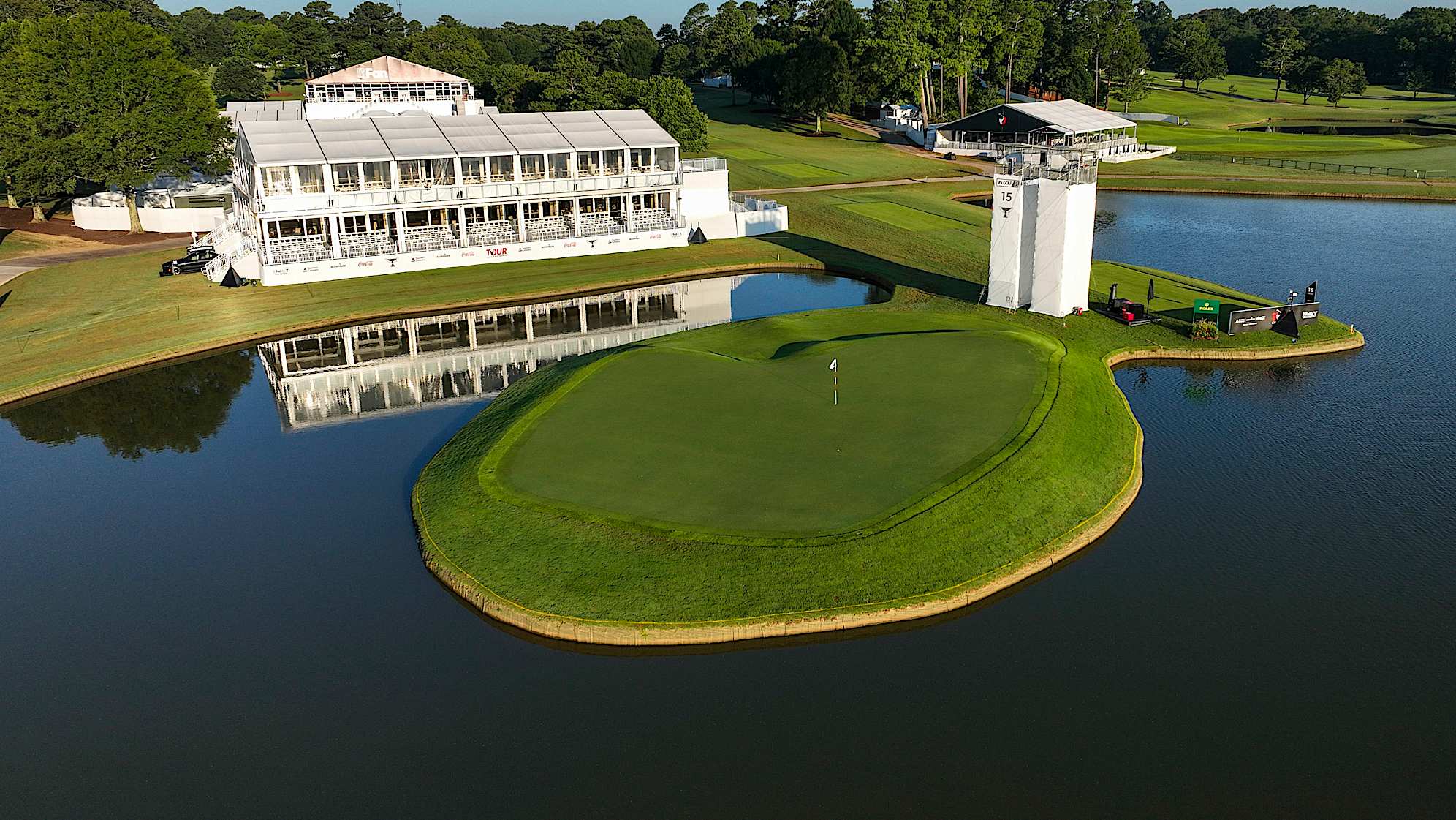 ATLANTA, GEORGIA - AUGUST 25: (EDITOR’S NOTE: Image taken with a drone.) An aerial view of the 15th hole prior to TOUR Championship at East Lake Golf Club on August 25, 2024 in Atlanta, Georgia. (Photo by Chris Condon/PGA TOUR)