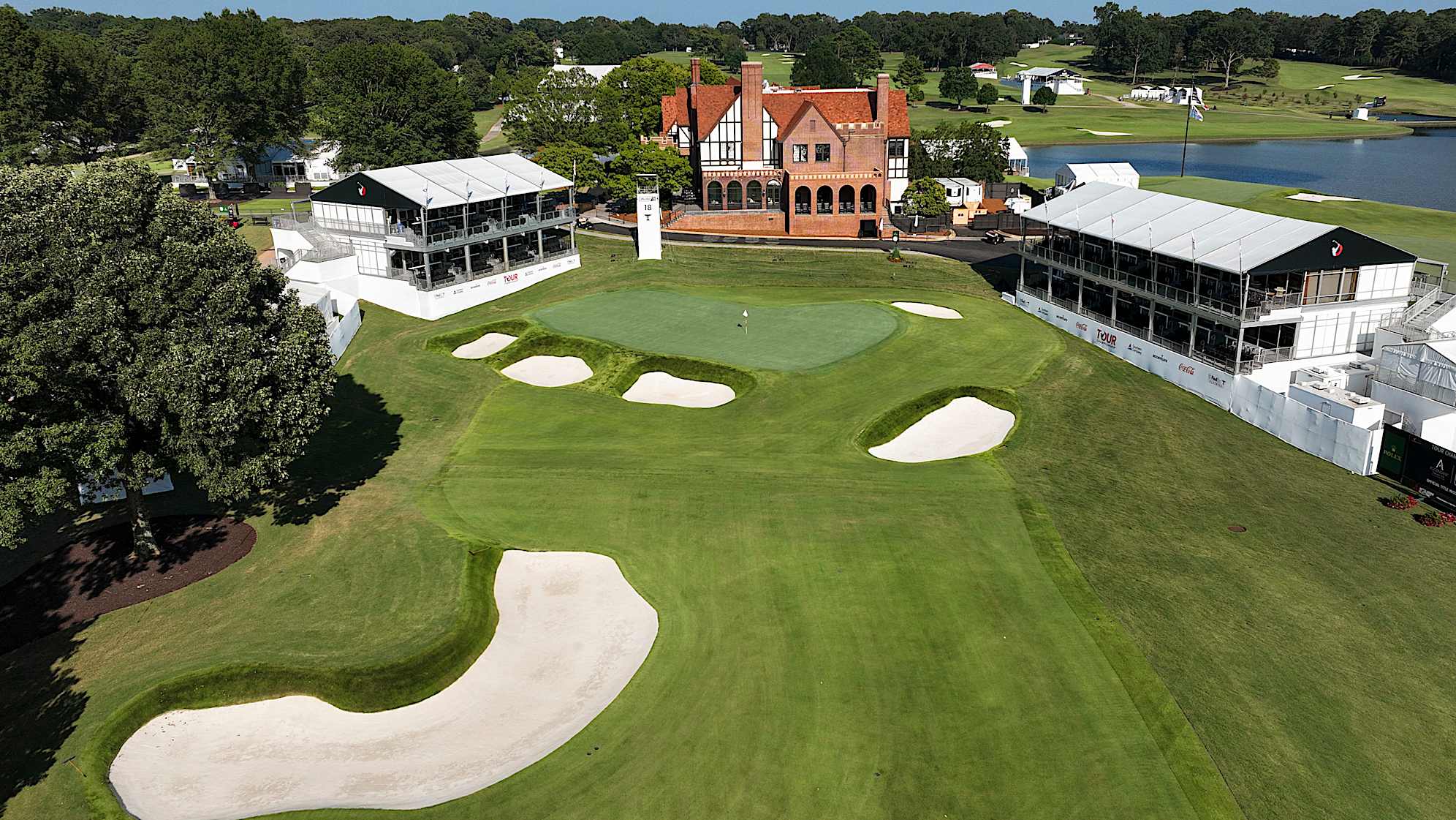 ATLANTA, GEORGIA - AUGUST 25: (EDITOR’S NOTE: Image taken with a drone.) An aerial view of the 18th hole prior to TOUR Championship at East Lake Golf Club on August 25, 2024 in Atlanta, Georgia. (Photo by Chris Condon/PGA TOUR)