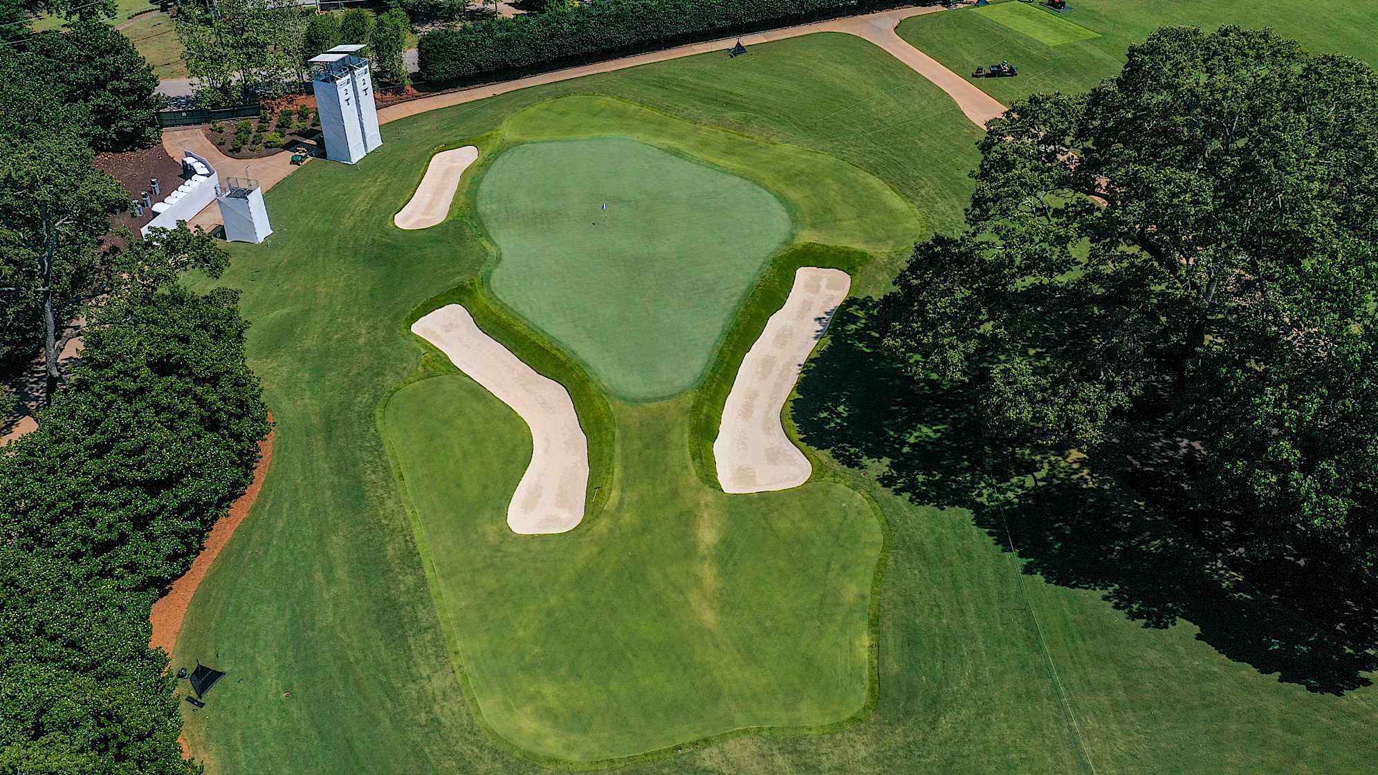 ATLANTA, GEORGIA - AUGUST 25: (EDITOR’S NOTE: Image taken with a drone.) An aerial view of the second hole prior to TOUR Championship at East Lake Golf Club on August 25, 2024 in Atlanta, Georgia. (Photo by Chris Condon/PGA TOUR)