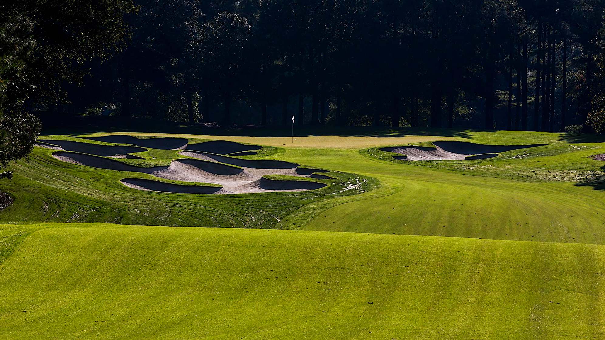 The fifth hole, the first of four par 5s is reachable in two by some players. A right-to-left tee shot sets up a great birdie opportunity. The 230-yard second shot from the crest of the hill must be on the mark because the green is heavily bunkered and slopes from back to front.The green on Quail Hollow's signature 17th hole is nearly an island, forcing a 200-yard carry to clear the water. A fade is also required to settle the ball on a precariously perched, back-to-front and right-to-left sloping green. Enjoy the birdie-or-blunder potential this hole presents, as well as the view of the lake stretched out behind the green. (PGA TOUR)