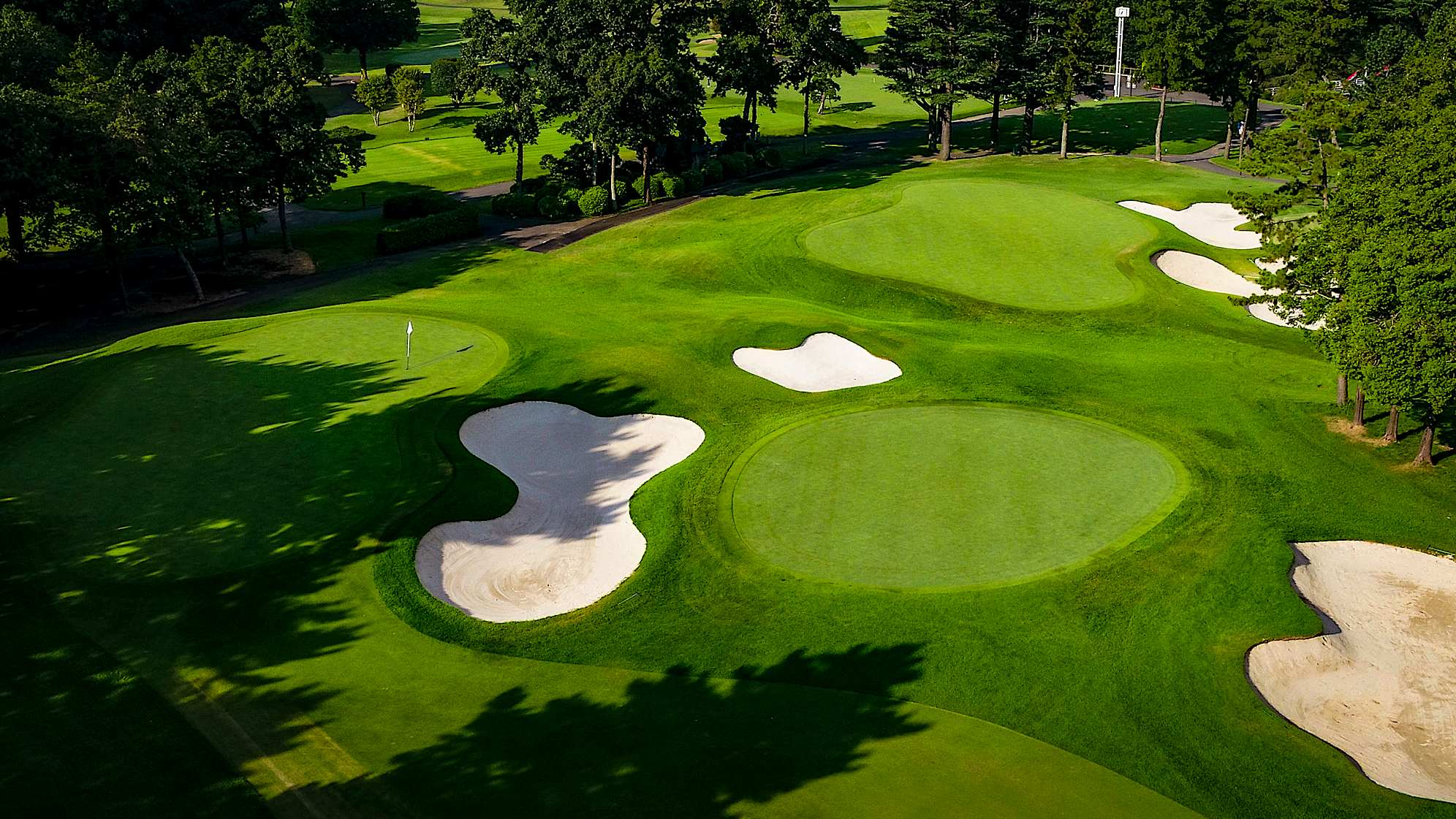 Long, dogleg left par 4. The hole is tree-lined with a long fairway bunker coming into play when cutting the corner. After clearing the trees on the left, the hole opens up to a wide, elevated green which slopes from back to front with a large bunker guarding the entrance.  