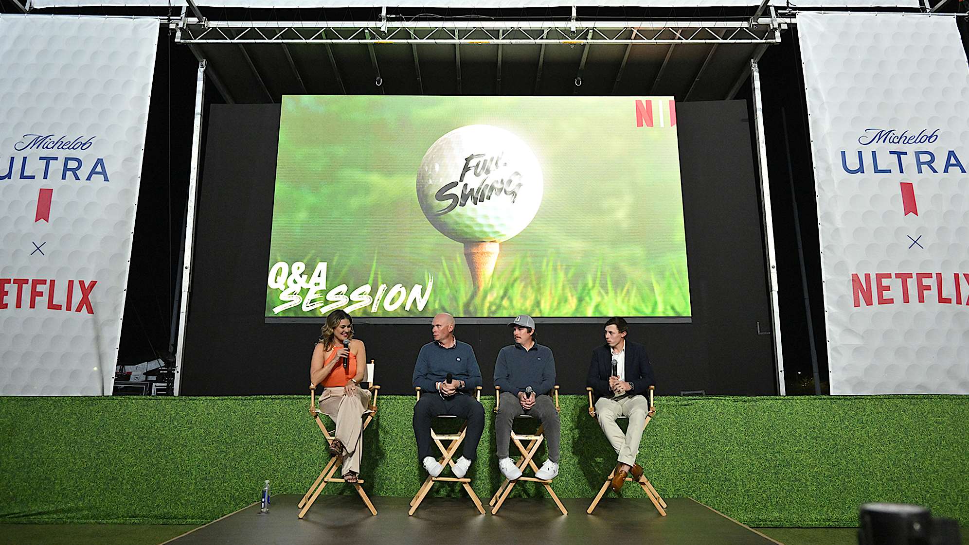 (L-R) Amanda Renner, Geno Bonnali, Joel Dahmen, and Matt Fitzpatrick speak during Michelob Ultra & Netflix “Full Swing” Premiere & Super Bowl After Party on February 11, 2023 in Phoenix, Arizona. (Photo by Daniel Boczarski/Getty Images)