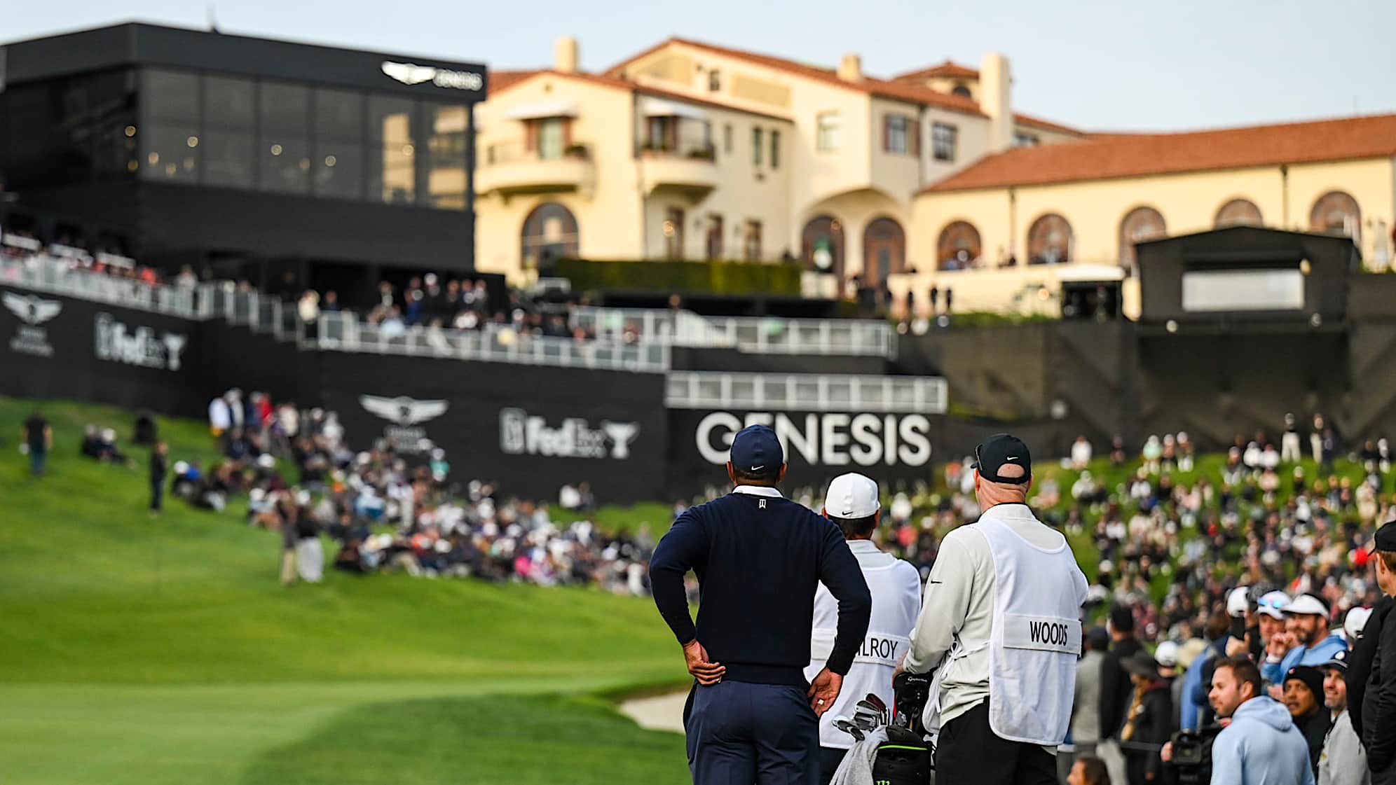 PACIFIC PALISADES, CA - FEBRUARY 16:  Tiger Woods waits to play his approach shot from the 18th hole fairway during the first round of the Genesis Invitational at Riviera Country Club on February 16, 2023 in Pacific Palisades, California. (Photo by Keyur Khamar/PGA TOUR via Getty Images)