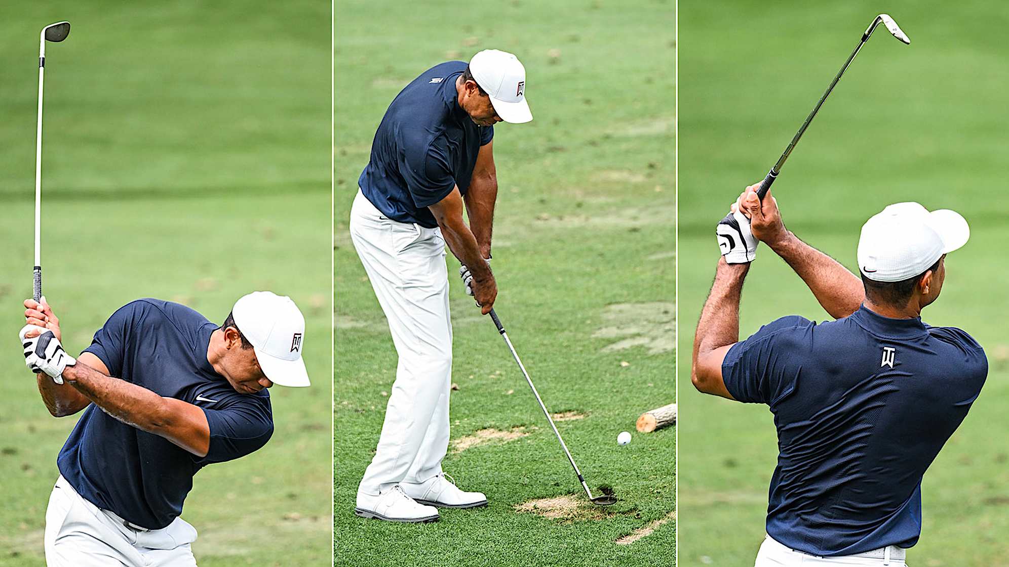 Woods hits five shots with a TaylorMade MG3 Raw TW-Grind 60-degree wedge.