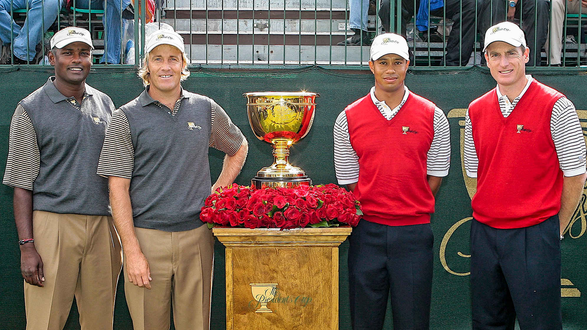 MONTREAL - SEPTEMBER 28: (L-R) Vijay Singh of Fiji and Stuart Appleby of Australia, both of the International team, and Tiger Woods and Jim Furyk of the U.S. team pose with the Presidents Cup trophy during the second round four ball matches for the Presidents Cup at The Royal Montreal Golf Club September 28, 2007 in Montreal, Quebec, Canada. (Photo by Chris Condon/US PGA TOUR)