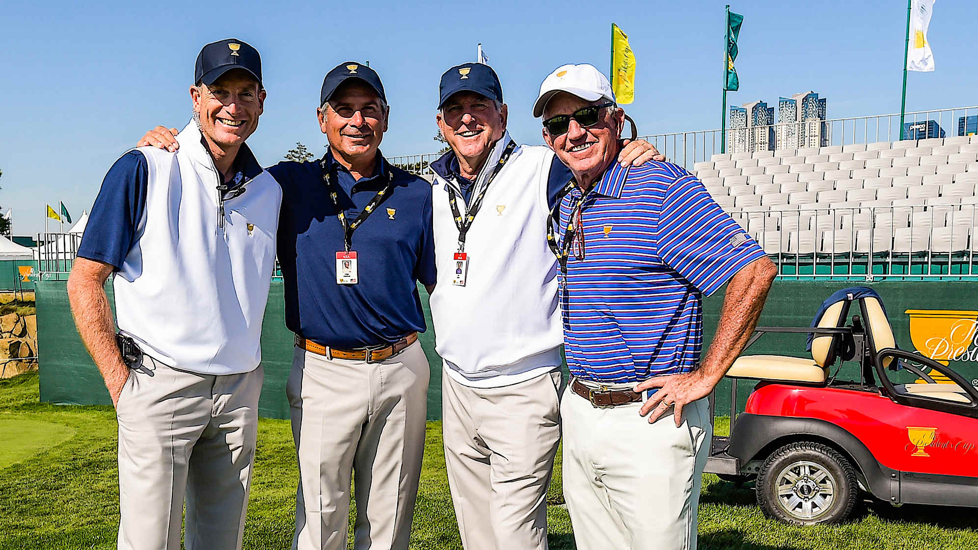 INCHEON CITY, SOUTH KOREA - OCTOBER 05: (L-R) Team USA Captain's Assistants Jim Furyk, Fred Couples, Captain Jay Haas and Haas' caddie Billy Harmon pose for a photo during practice for The Presidents Cup at Jack Nicklaus Golf Club Korea on October 5, 2015 in Songdo IBD, Incheon City, South Korea. (Photo by Chris Condon/PGA TOUR)