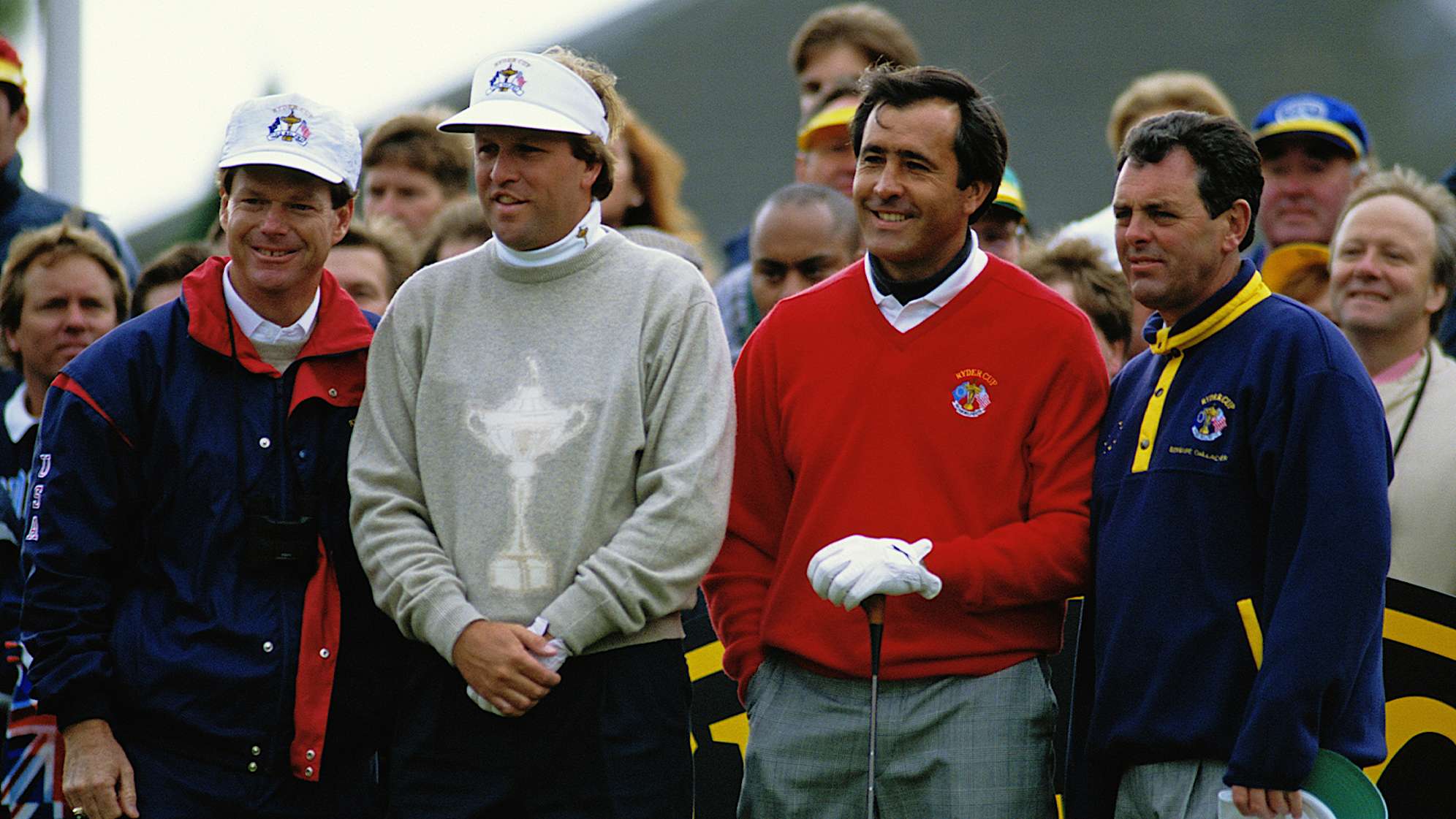 Seve Ballesteros (second from right) poses with U.S. Captain Tom Watson (far left), Jim Gallagher Jr. (second from left) and Bernard Gallacher (far right) at the 1993 Ryder Cup at The Belfry. (Getty Images))