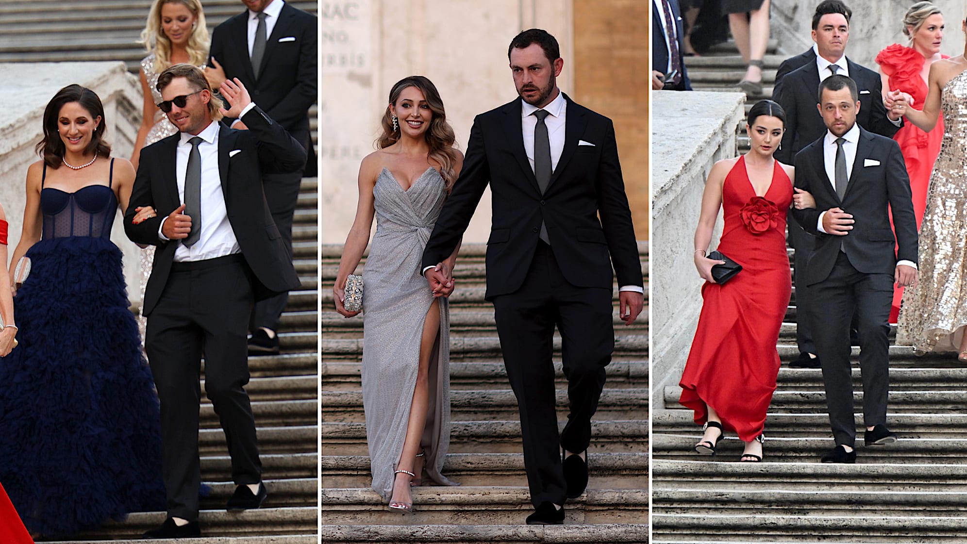 Sam Burns and his wife Caroline Campbell (left), Patrick Cantlay and his fiance Nikki Guidish (center), Xander Schauffele and his wife Maya Lowe (right). (Getty Images)