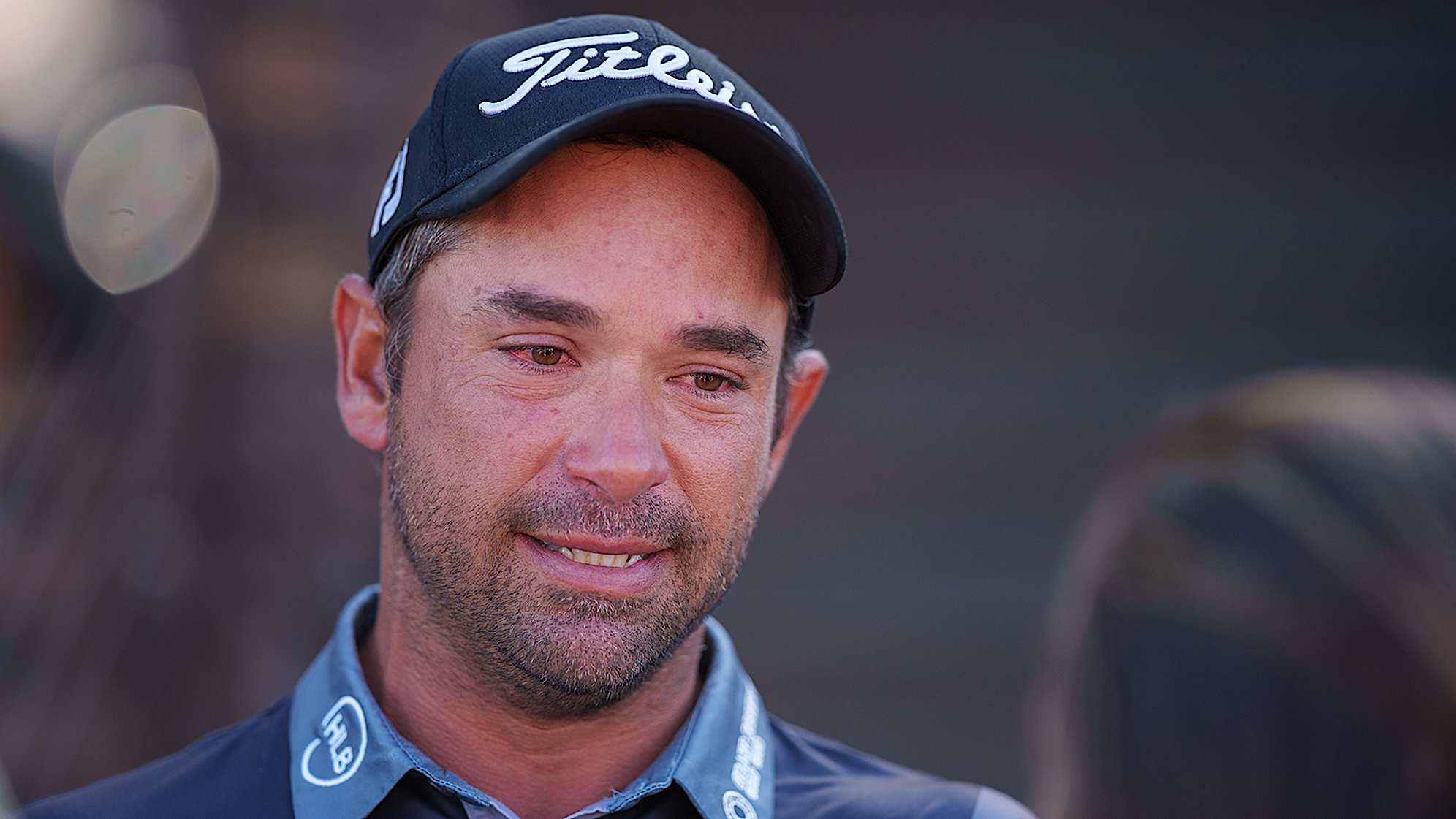 NEWBURGH, INDIANA - OCTOBER 08: Rafael Campos of Puerto Rico talks to media after the final round of the Korn Ferry Tour Championship presented by United Leasing and Finance at Victoria National Golf Club on October 8, 2023 in Newburgh, Indiana. (Photo by Andrew Wevers/PGA TOUR)