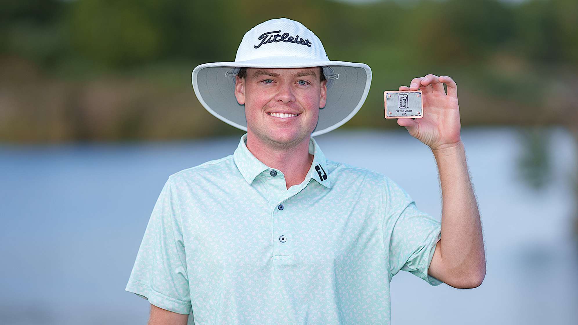 NEWBURGH, INDIANA - OCTOBER 08: Joe Highsmith of the United States poses for a photo with his PGA TOUR card after the final round of the Korn Ferry Tour Championship presented by United Leasing and Finance at Victoria National Golf Club on October 8, 2023 in Newburgh, Indiana. (Photo by Andrew Wevers/PGA TOUR)