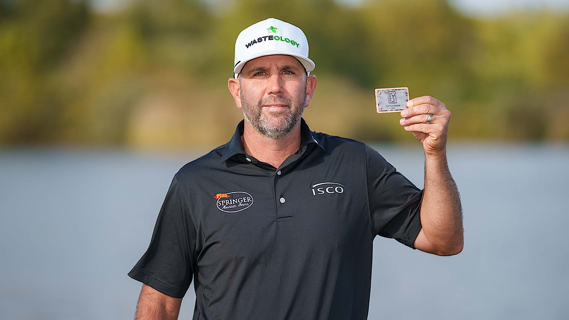 NEWBURGH, INDIANA - OCTOBER 08: Josh Teater of the United States poses for a photo with his PGA TOUR card after the final round of the Korn Ferry Tour Championship presented by United Leasing and Finance at Victoria National Golf Club on October 8, 2023 in Newburgh, Indiana. (Photo by Andrew Wevers/PGA TOUR)