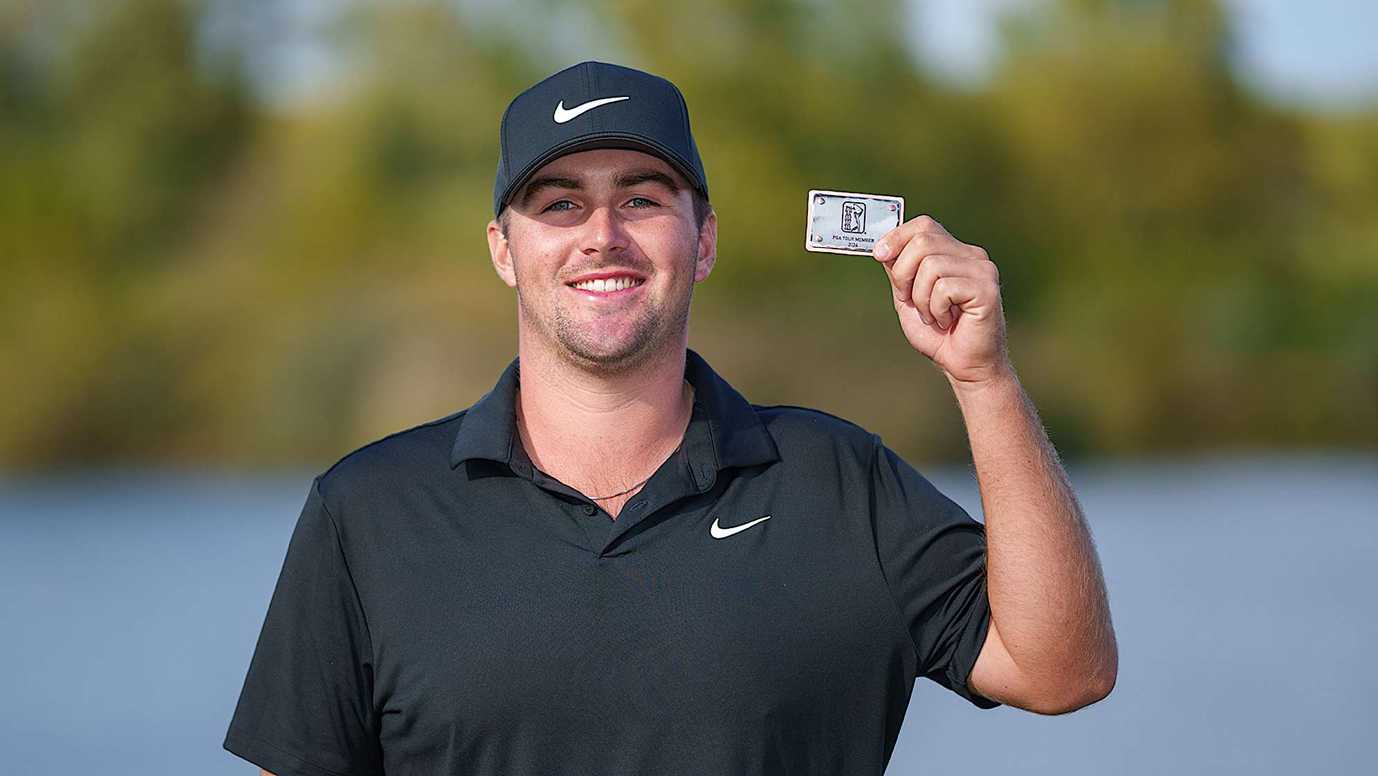 NEWBURGH, INDIANA - OCTOBER 08: Chris Gotterup of the United States poses for a photo with his PGA TOUR card after the final round of the Korn Ferry Tour Championship presented by United Leasing and Finance at Victoria National Golf Club on October 8, 2023 in Newburgh, Indiana. (Photo by Andrew Wevers/PGA TOUR)