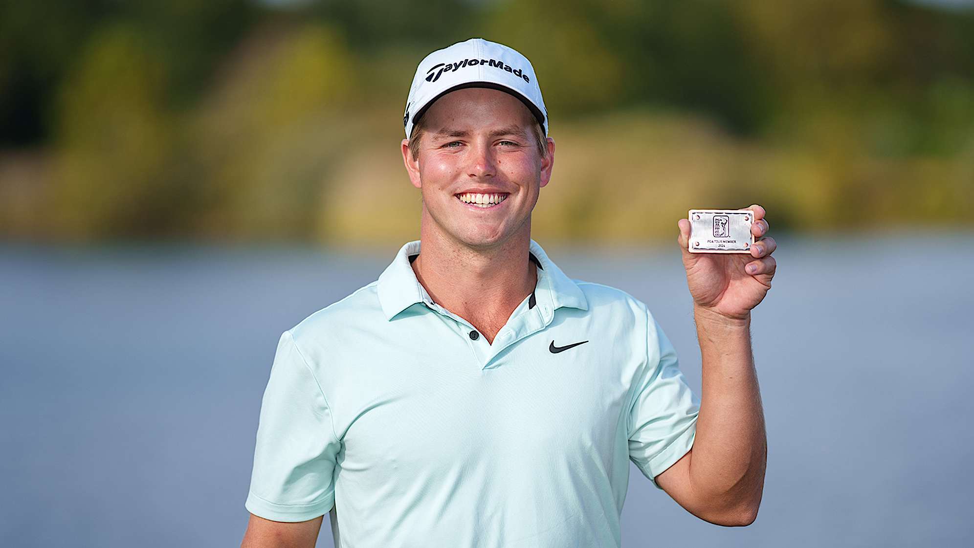 NEWBURGH, INDIANA - OCTOBER 08: Parker Coody of the United States poses for a photo with his PGA TOUR card after the final round of the Korn Ferry Tour Championship presented by United Leasing and Finance at Victoria National Golf Club on October 8, 2023 in Newburgh, Indiana. (Photo by Andrew Wevers/PGA TOUR)
