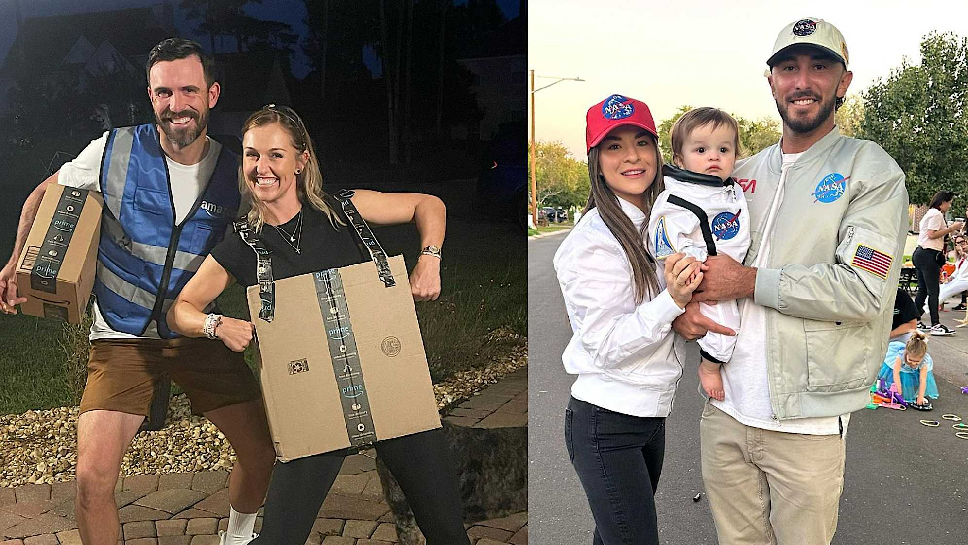On the left, Billy and Brittany Horschel in costume on Halloween. (Billy Horschel/Instagram) On the right, Max and Lacey Homa with their son Cam on Halloween. (Max Homa/Instagram)