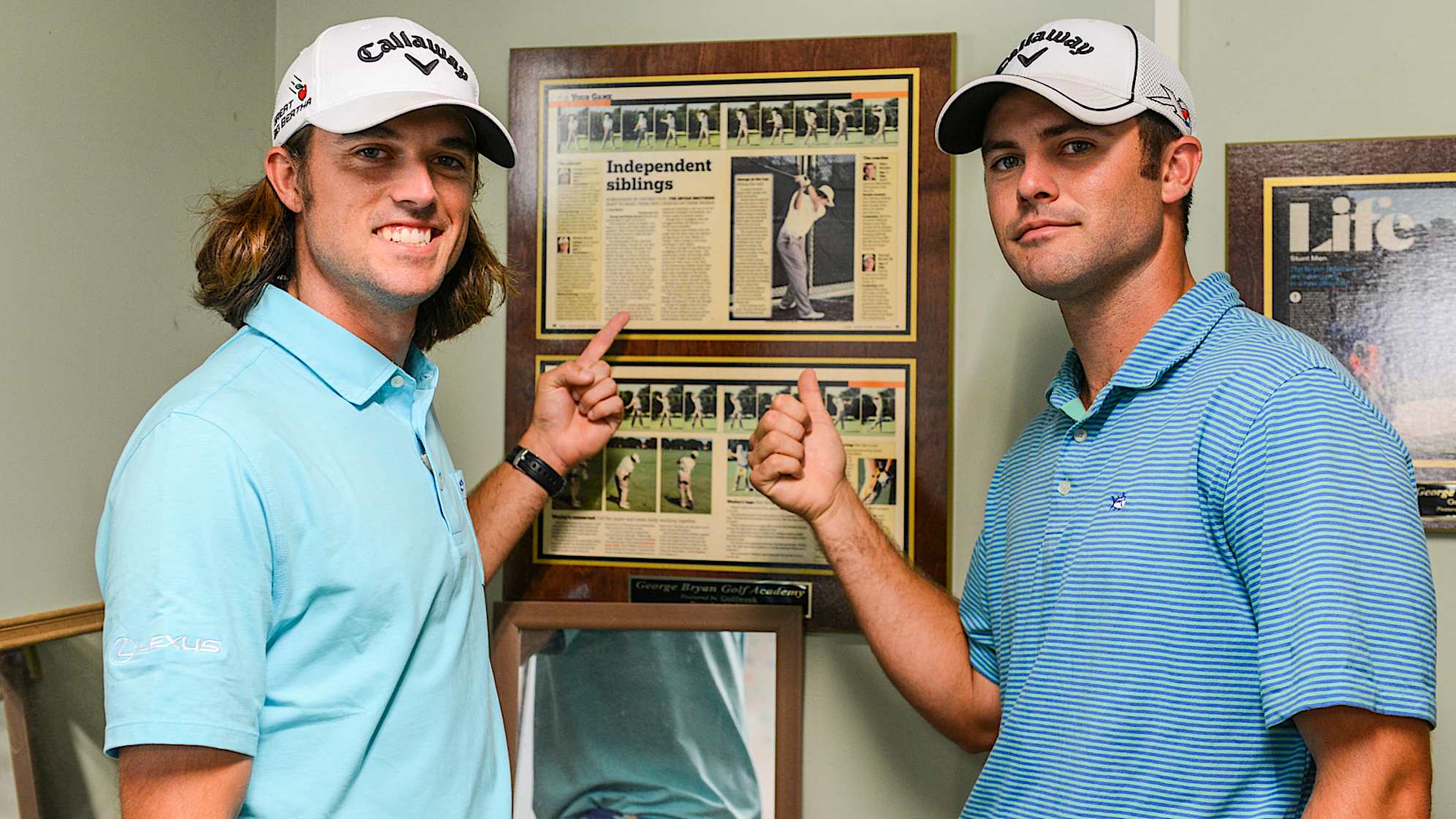 CHAPIN, SC - MAY 24:  George Bryan IV and Wesley Bryan pose with a Golfweek magazine article on them displayed at George Bryan Golf Academy on May 24, 2016 in Chapin, South Carolina. (Photo by Keyur Khamar/PGA TOUR)