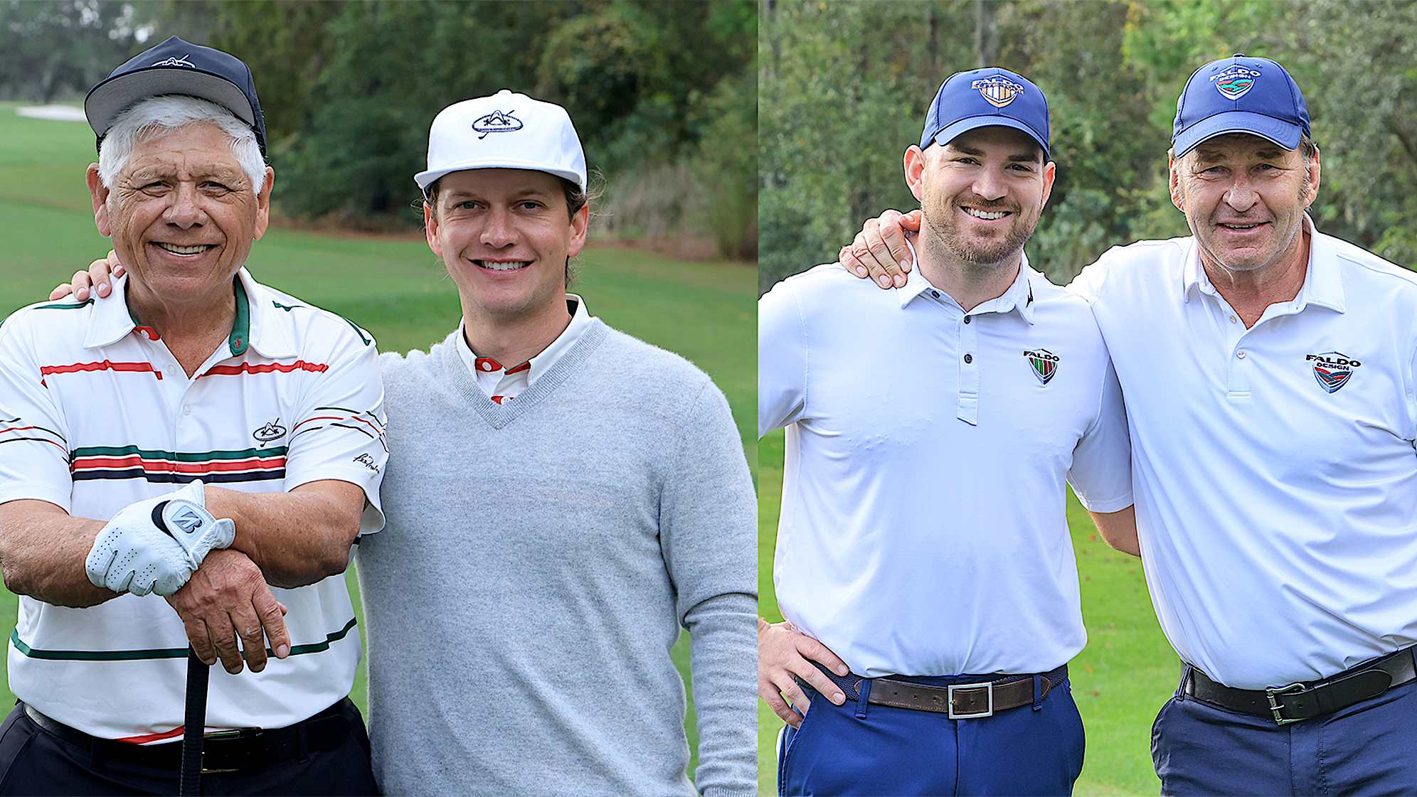 Lee and Daniel Trevino (left) and Sir Nick and son Matthew Faldo (right) at the 2023 PNC Championship. (Getty Images)