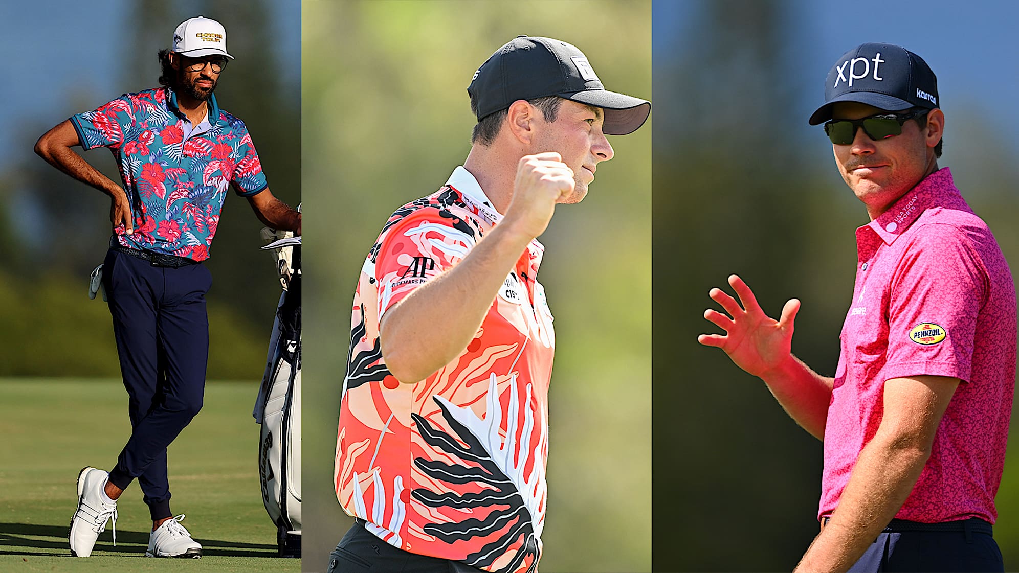 Akshay Bhatia (left), Viktor Hovland (middle) and Adam Schenk (right) at The Sentry. (Getty Images)