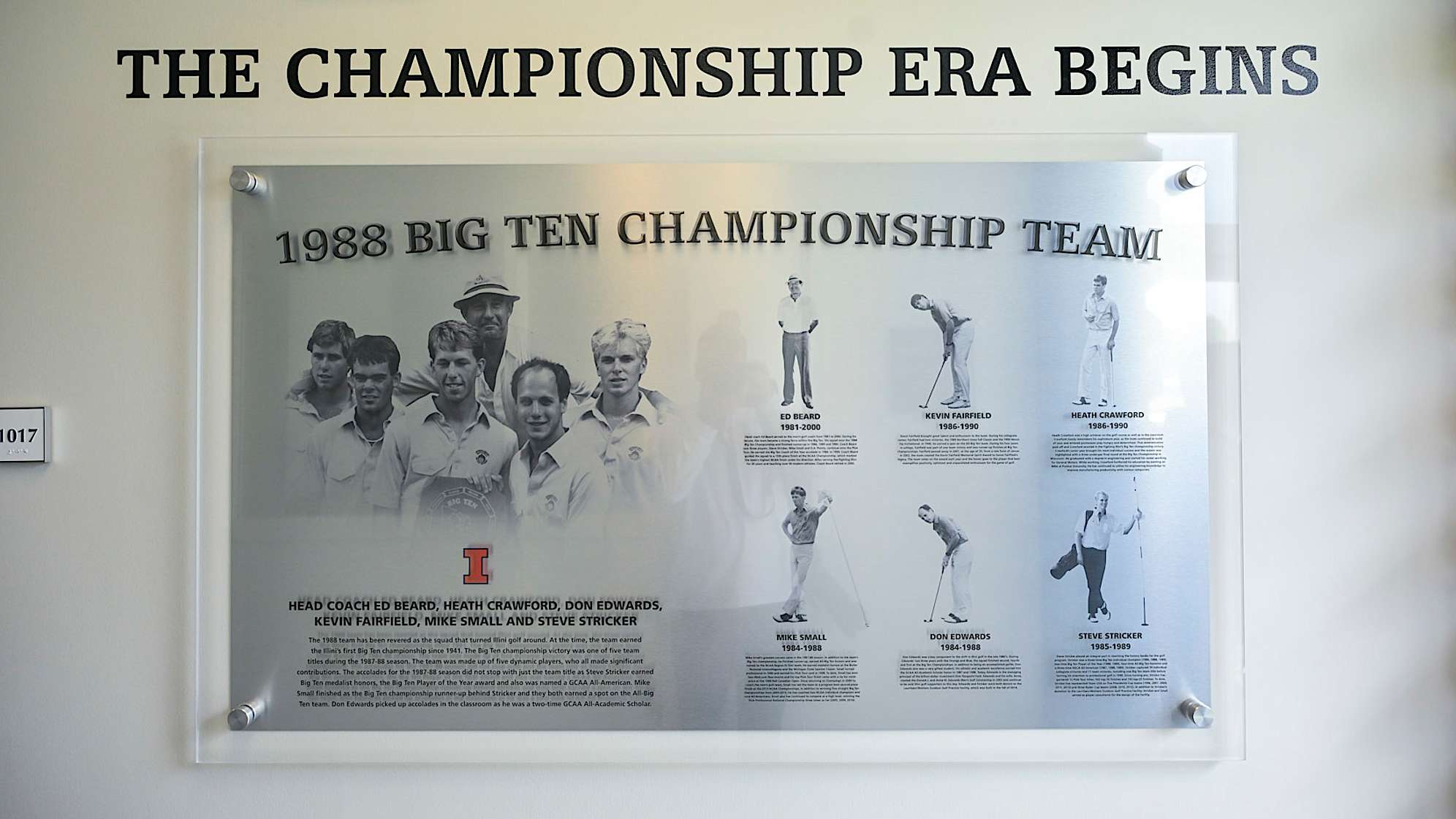 CHAMPAIGN, ILLINOIS - SEPTEMBER 28:  A detail shot of the 1988 Big Ten Championship Team inside the Demirjian Golf Practice Facility at the University of Illinois on September 28, 2023 in Champaign, Illinois. (Photo by Ben Jared/PGA TOUR)