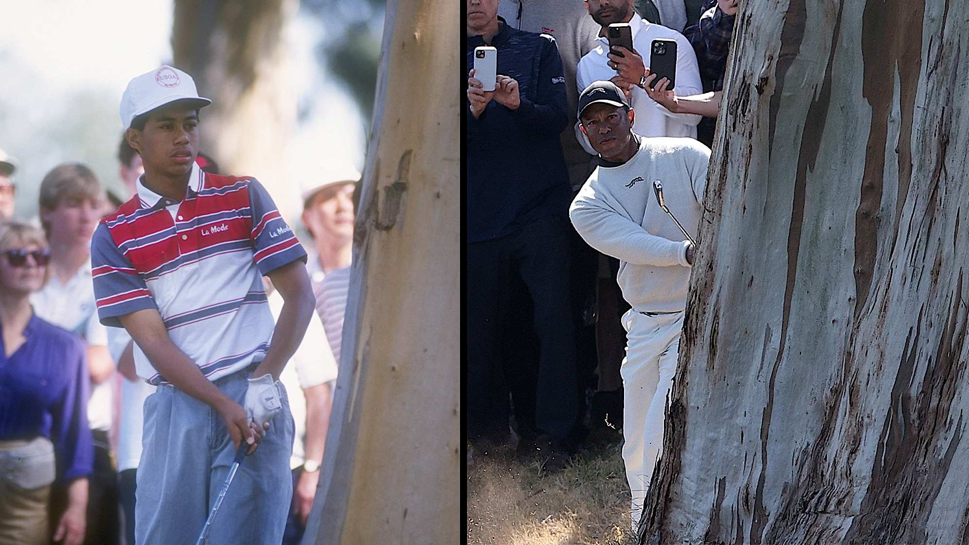 Tiger Woods plays shots in the first round of the 1992 Nissan Open (left) and 2024 Genesis Invitational (right). (Getty Images)