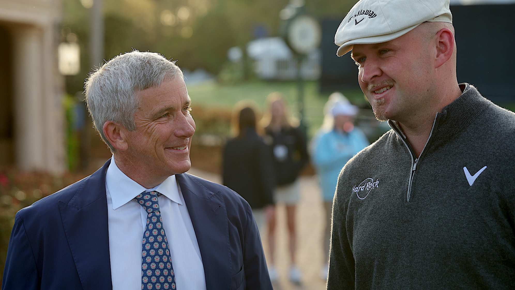PONTE VEDRA BEACH, FLORIDA - MARCH 13: PGA Tour Commissioner Jay Monahan speaks with Harry Hall of England during the First Timers Press Conference prior to THE PLAYERS Championship  on the Stadium Course at TPC Sawgrass on March 13, 2024 in Ponte Vedra Beach, Florida. (Photo by Kevin C. Cox/Getty Images)