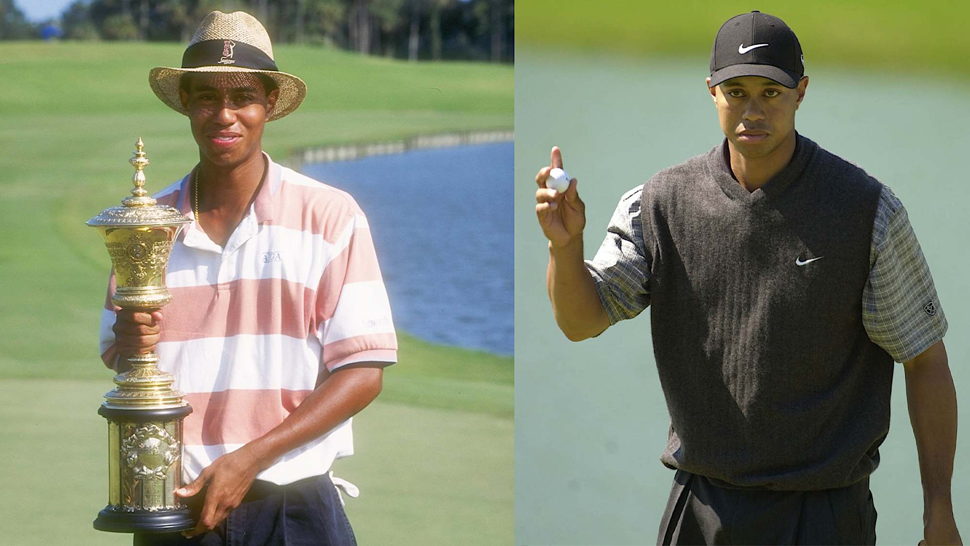 On the left, Tiger Woods poses with the trophy after his first U.S. Amateur win in 1994 at TPC Sawgrass. On the right, Tiger Woods at THE PLAYERS Championship 2001. (Getty Images)