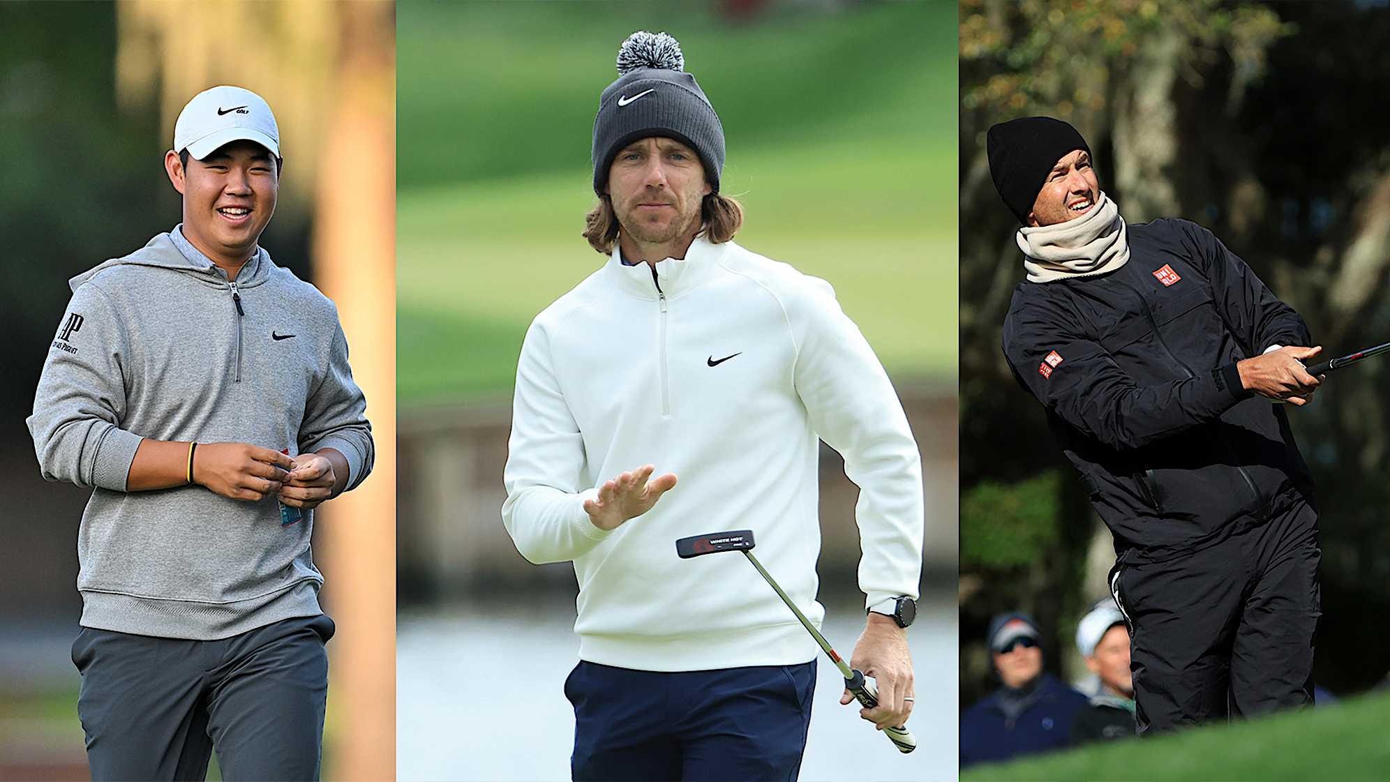 From left to right, Tom Kim, Tommy Fleetwood and Adam Scott at recent editions of THE PLAYERS Championship. (Getty Images)