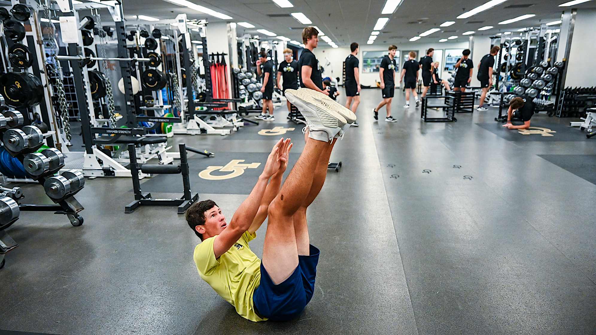 ATLANTA, GEORGIA - NOVEMBER 02:  Christo Lamprecht of South Africa works out in the Hugh Spruill Strength Center during a PGA TOUR University shoot at the Georgia Institute of Technology on November 2, 2023 in Atlanta, Georgia. (Photo by Keyur Khamar/PGA TOUR)