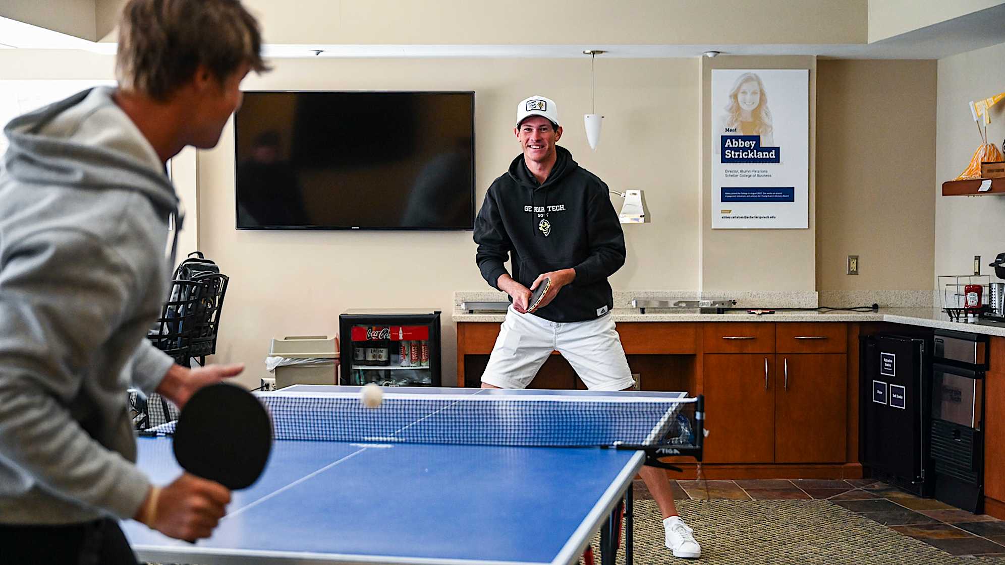 ATLANTA, GEORGIA - NOVEMBER 02:  Christo Lamprecht of South Africa plays ping pong with a golf teammate at the Georgia Institute of Technology during a PGA TOUR University shoot on November 2, 2023 in Atlanta, Georgia. (Photo by Keyur Khamar/PGA TOUR)