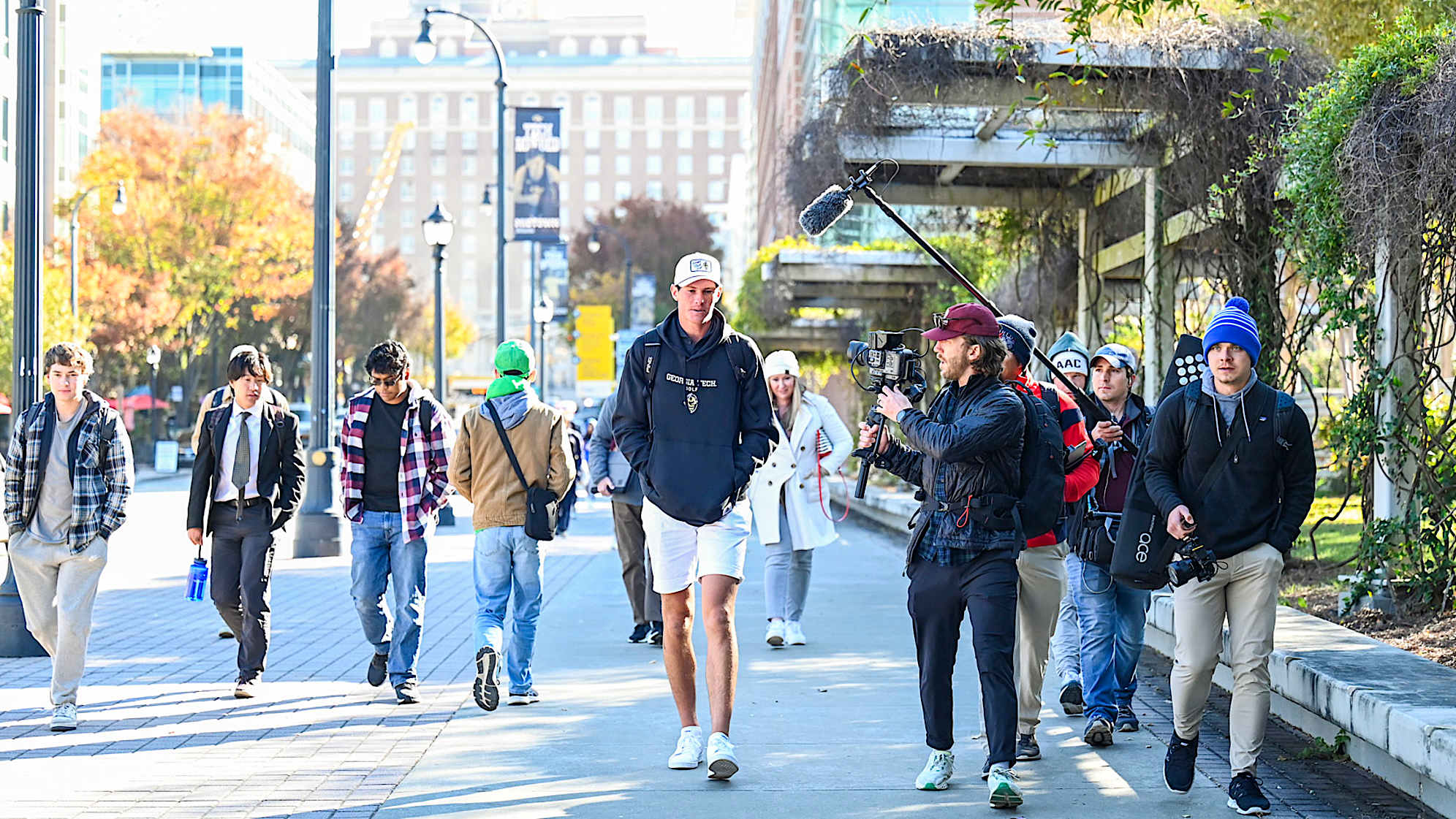 ATLANTA, GEORGIA - NOVEMBER 02:  Christo Lamprecht of South Africa walks from a class at the Georgia Institute of Technology during a PGA TOUR University shoot on November 2, 2023 in Atlanta, Georgia. (Photo by Keyur Khamar/PGA TOUR)