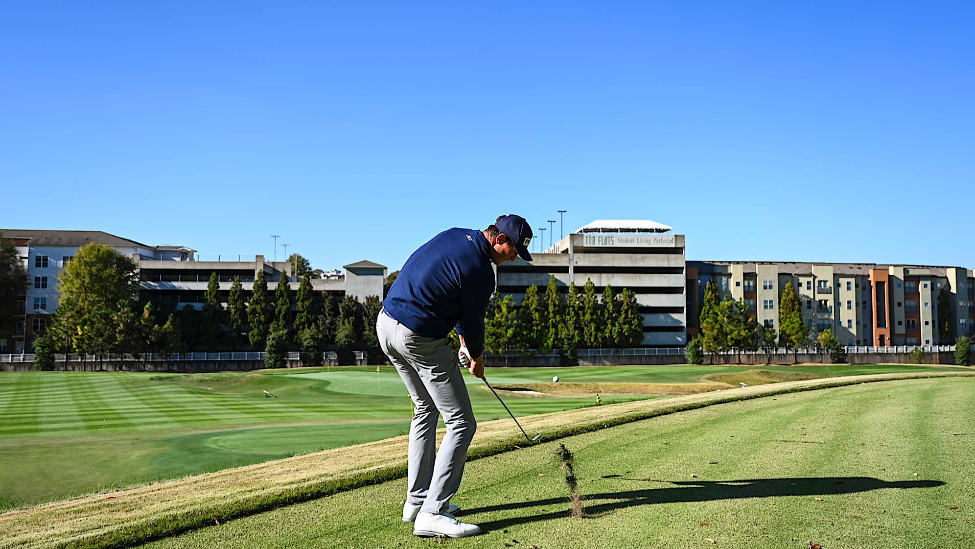 ATLANTA, GEORGIA - NOVEMBER 02:  Christo Lamprecht of South Africa hits a shot on the par 3 course at the Georgia Institute of Technology Golf Practice Facility during a PGA TOUR University shoot on November 2, 2023 in Atlanta, Georgia. (Photo by Keyur Khamar/PGA TOUR)