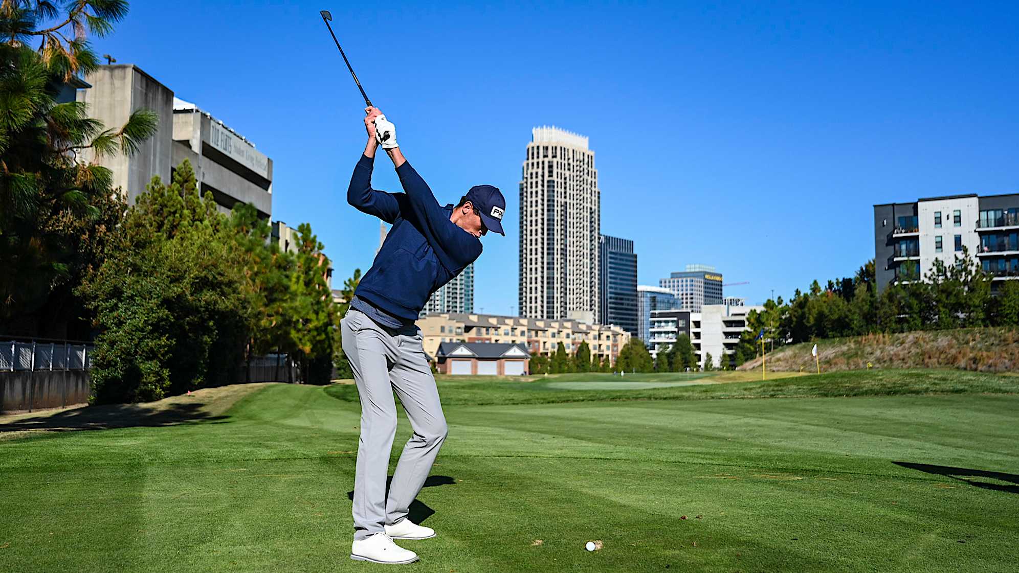 ATLANTA, GEORGIA - NOVEMBER 02:  Christo Lamprecht of South Africa hits a shot on the par 3 course at the Georgia Institute of Technology Golf Practice Facility during a PGA TOUR University shoot on November 2, 2023 in Atlanta, Georgia. (Photo by Keyur Khamar/PGA TOUR)