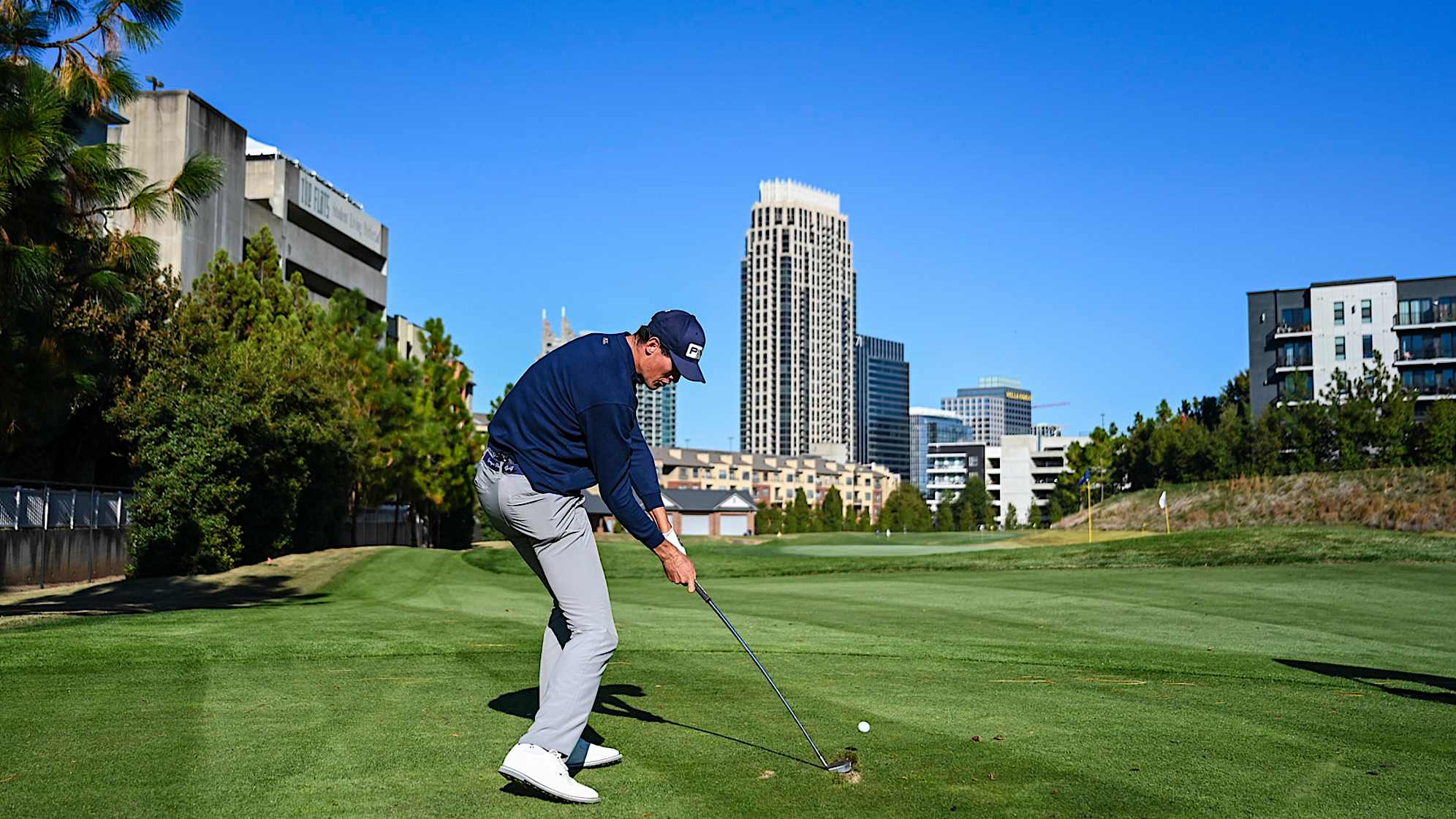 ATLANTA, GEORGIA - NOVEMBER 02:  Christo Lamprecht of South Africa hits a shot on the par 3 course at the Georgia Institute of Technology Golf Practice Facility during a PGA TOUR University shoot on November 2, 2023 in Atlanta, Georgia. (Photo by Keyur Khamar/PGA TOUR)
