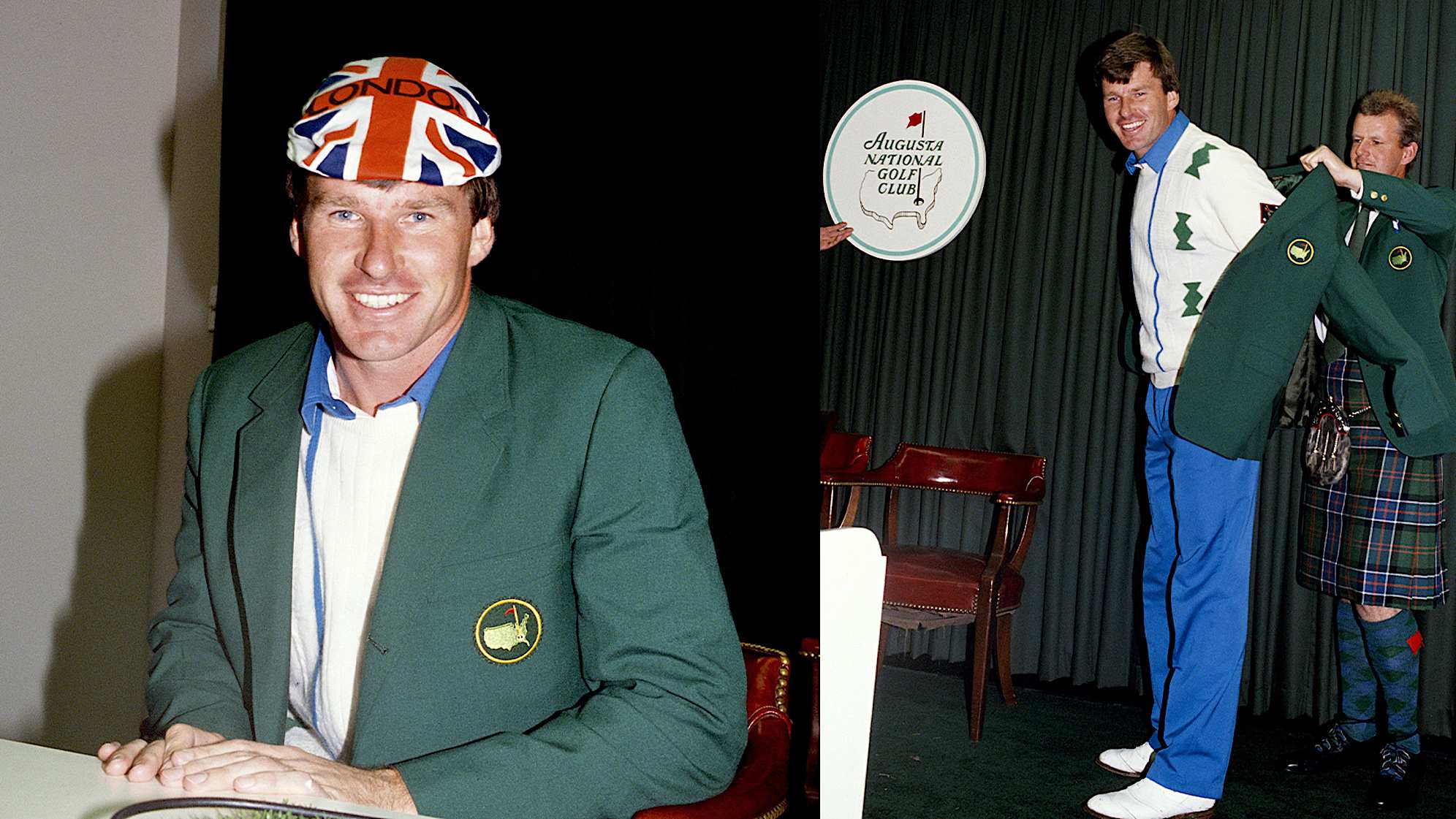 Nick Faldo wearing the green jacket after his 1989 Masters win. (Getty Images)