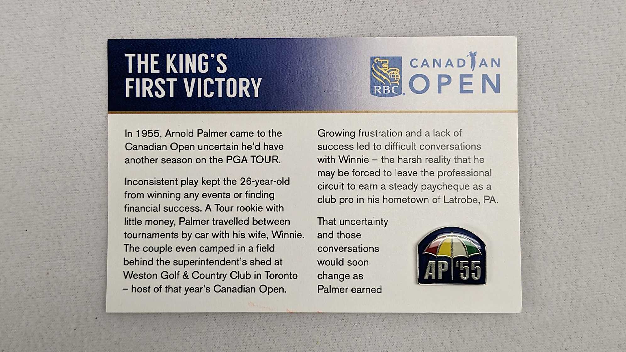 In his 21st start of his rookie season, Palmer picked up that first elusive win that turned out to be a jumping-off point to a remarkable PGA TOUR career at the 1955 RBC Canadian Open. (Credit Golf Canada)