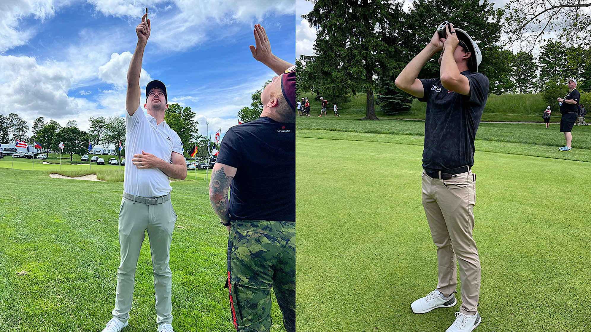 Nick Taylor (left) and Joel Dahmen watching the skydivers above them at Hamilton Golf and Country Club. (Dustin Wallace/PGA TOUR, left; Colin Brown/PGA TOUR, right)
